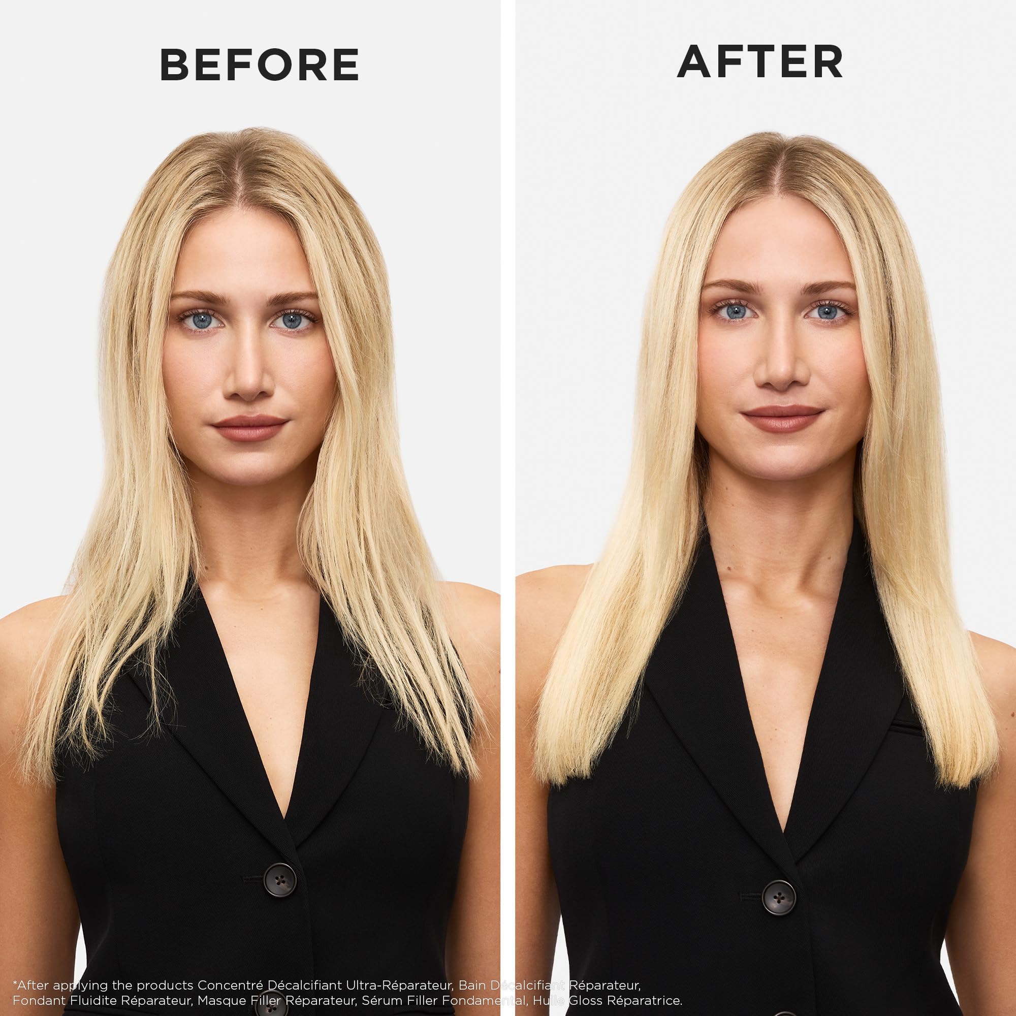 Kerastase Premiere image shows calcium buildup removal on damaged hair