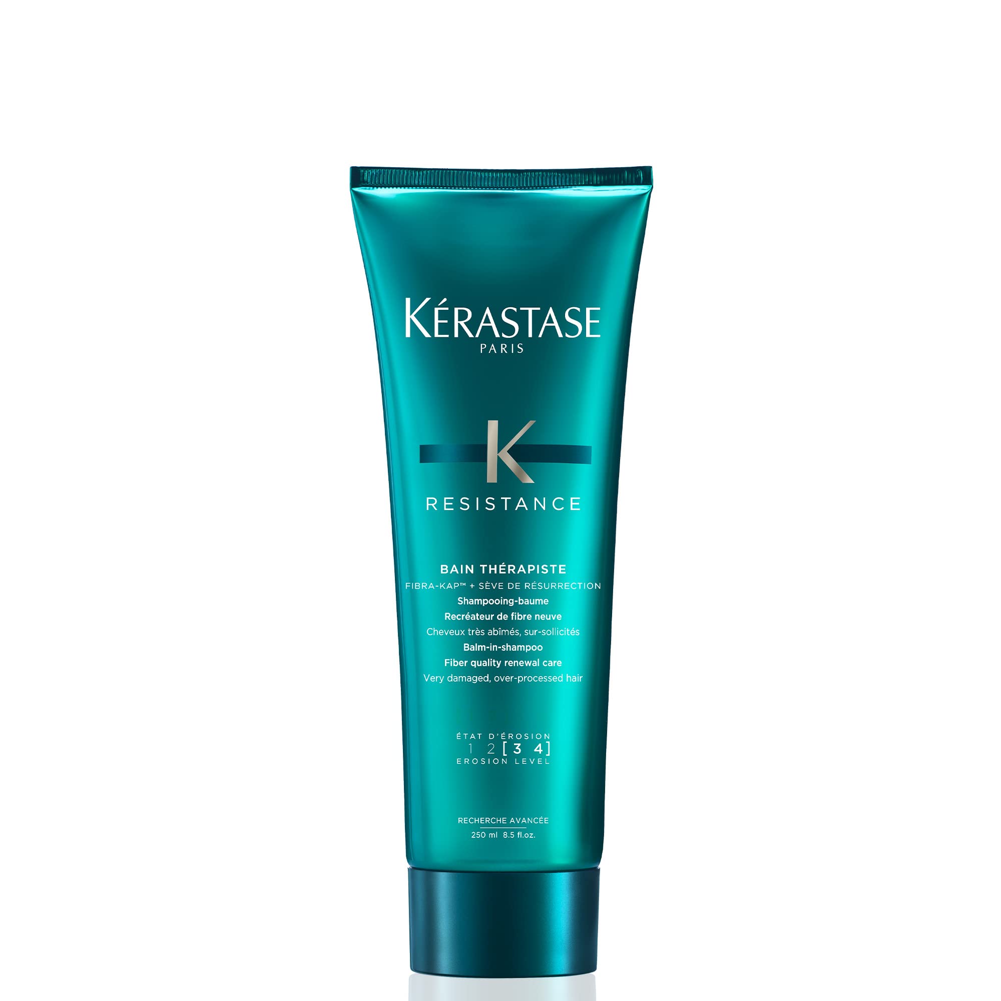 KÉRASTASE Resistance Bain Therapiste bottle showing repair for damaged hair.