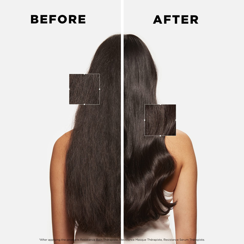 KÉRASTASE Resistance Bain Therapiste finish shows smooth, revitalized hair.