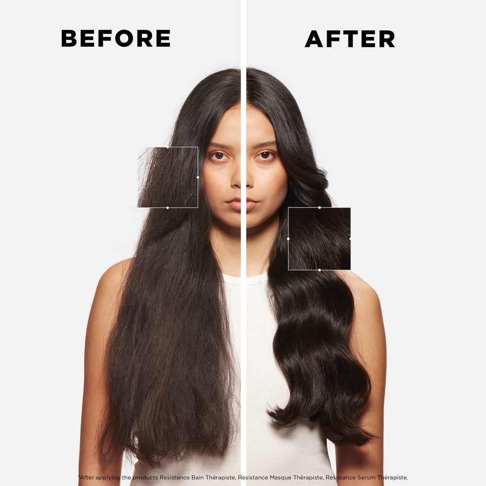 Kérastase Resistance Collection shampoo bottle suggesting cleansing while protecting damaged hair.