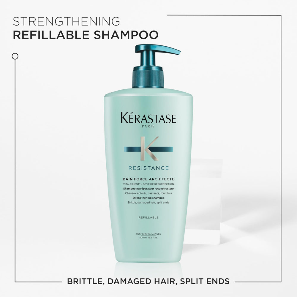 KÉRASTASE Résistance Force Architecte shampoo close-up highlights shiny, soft hair finish.