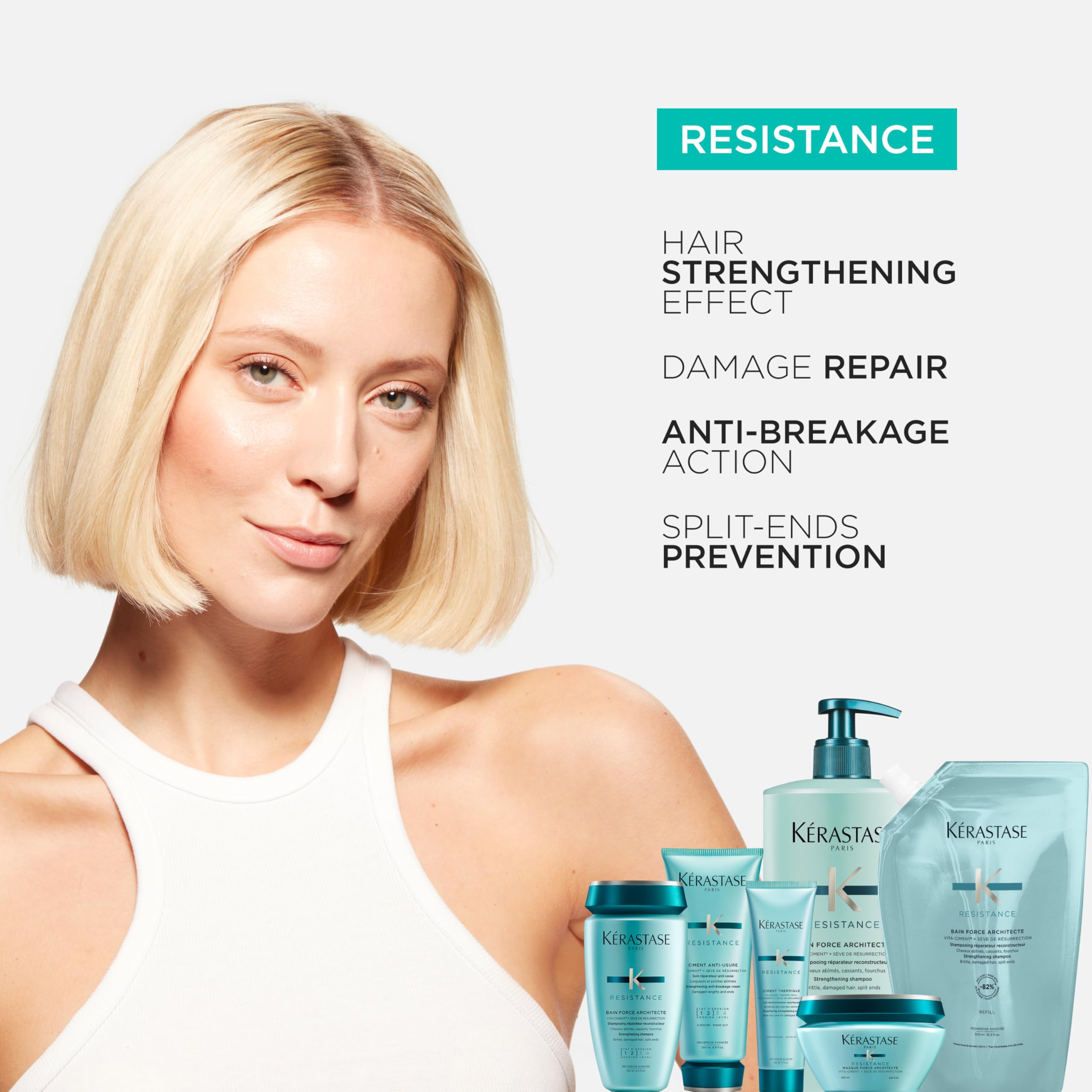 KÉRASTASE Résistance Force Architecte hair-closeup shows smooth, revitalized texture.