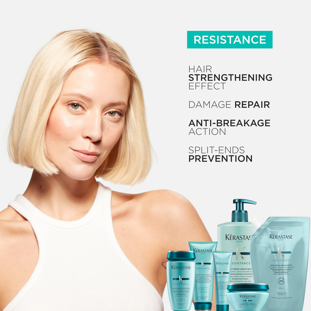 KÉRASTASE Résistance Force Architecte hair-closeup shows smooth, revitalized texture.