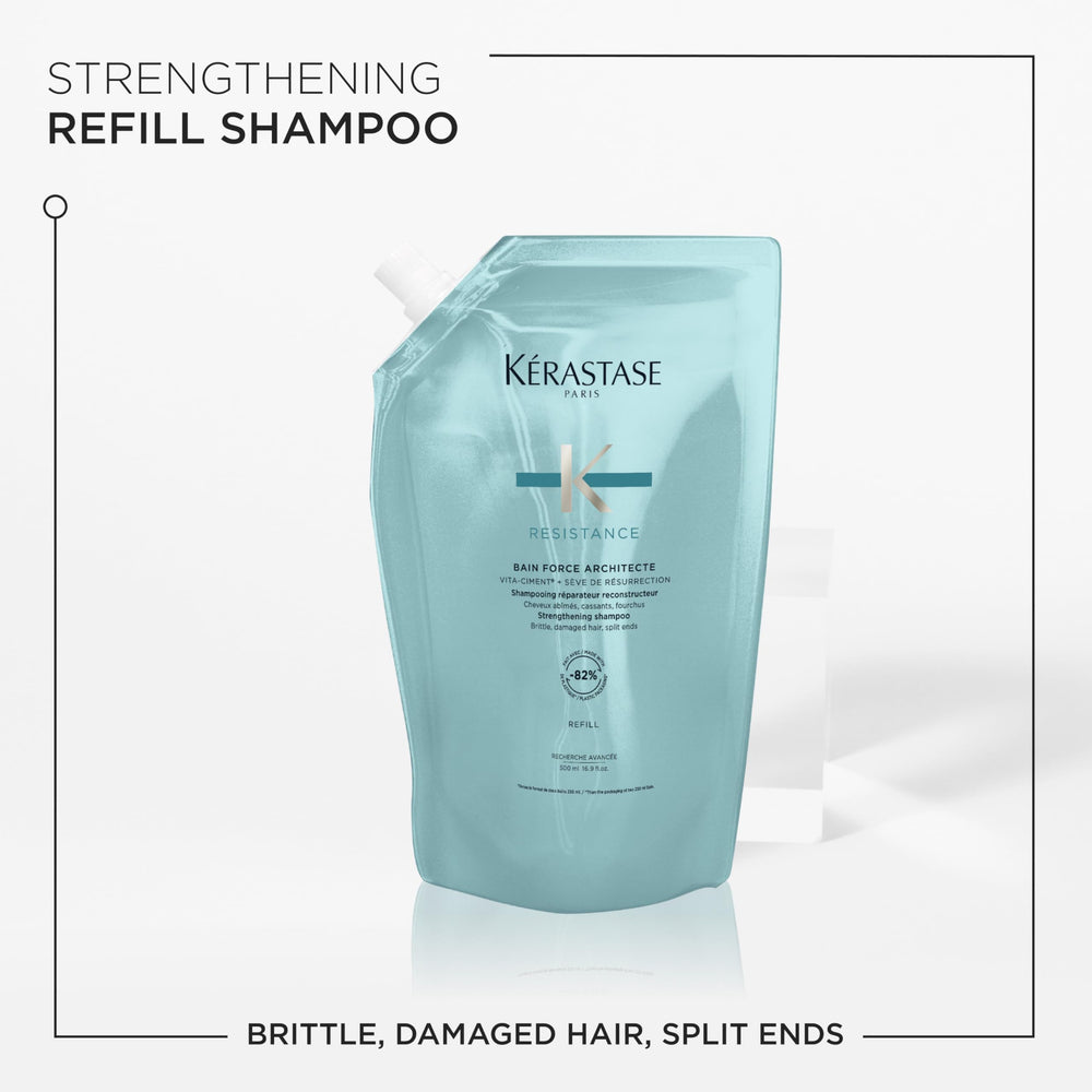 Kérastase Resistance Force Architecte shampoo reinforces hair fibers for resilience.