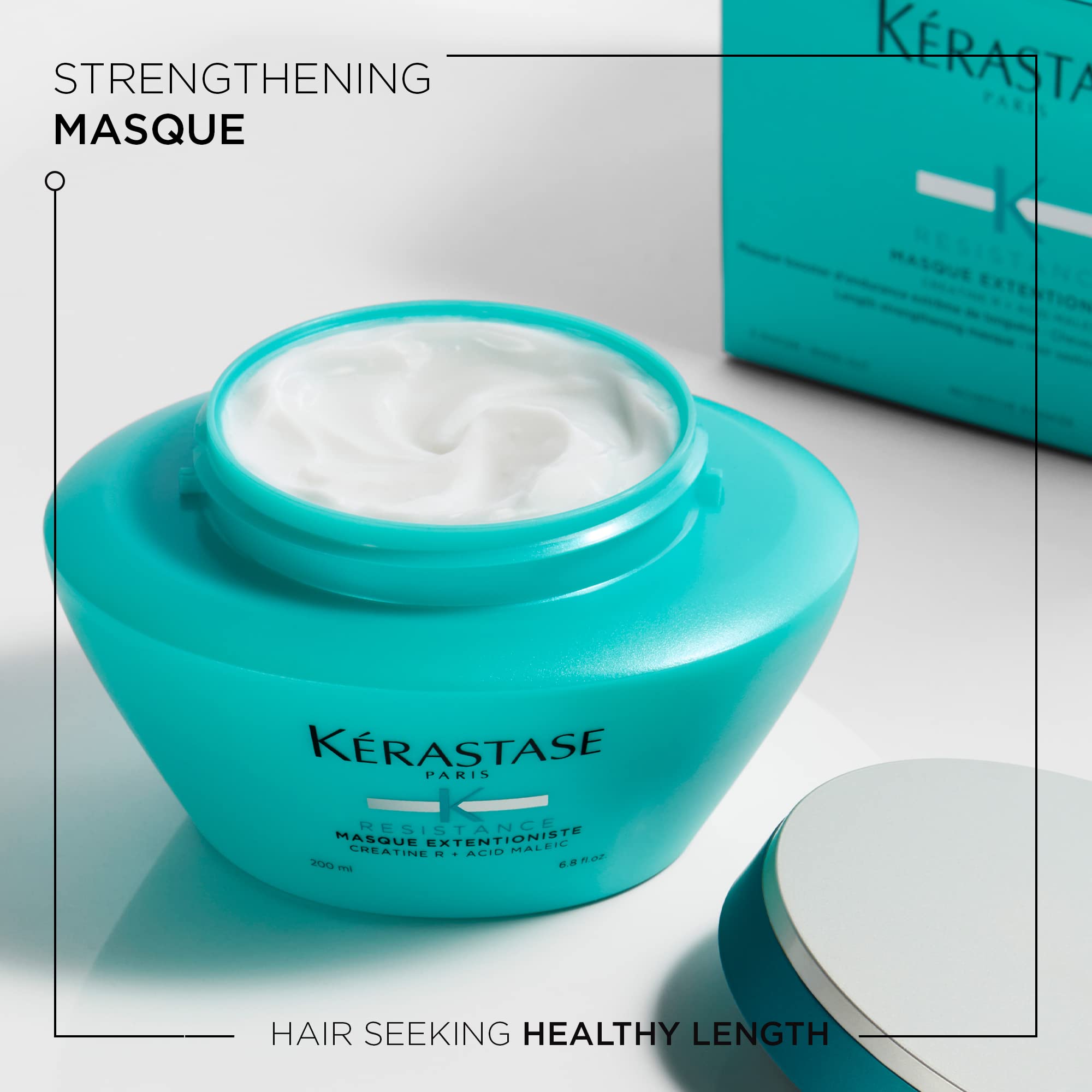 KÉRASTASE Resistance Masque Extentioniste applied to wet hair demonstrates deep conditioning for reinforced lengths.