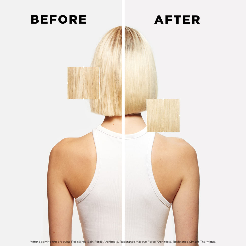 KÉRASTASE Resistance Masque Force Architecte before-after styling hint shows smoother hair.
