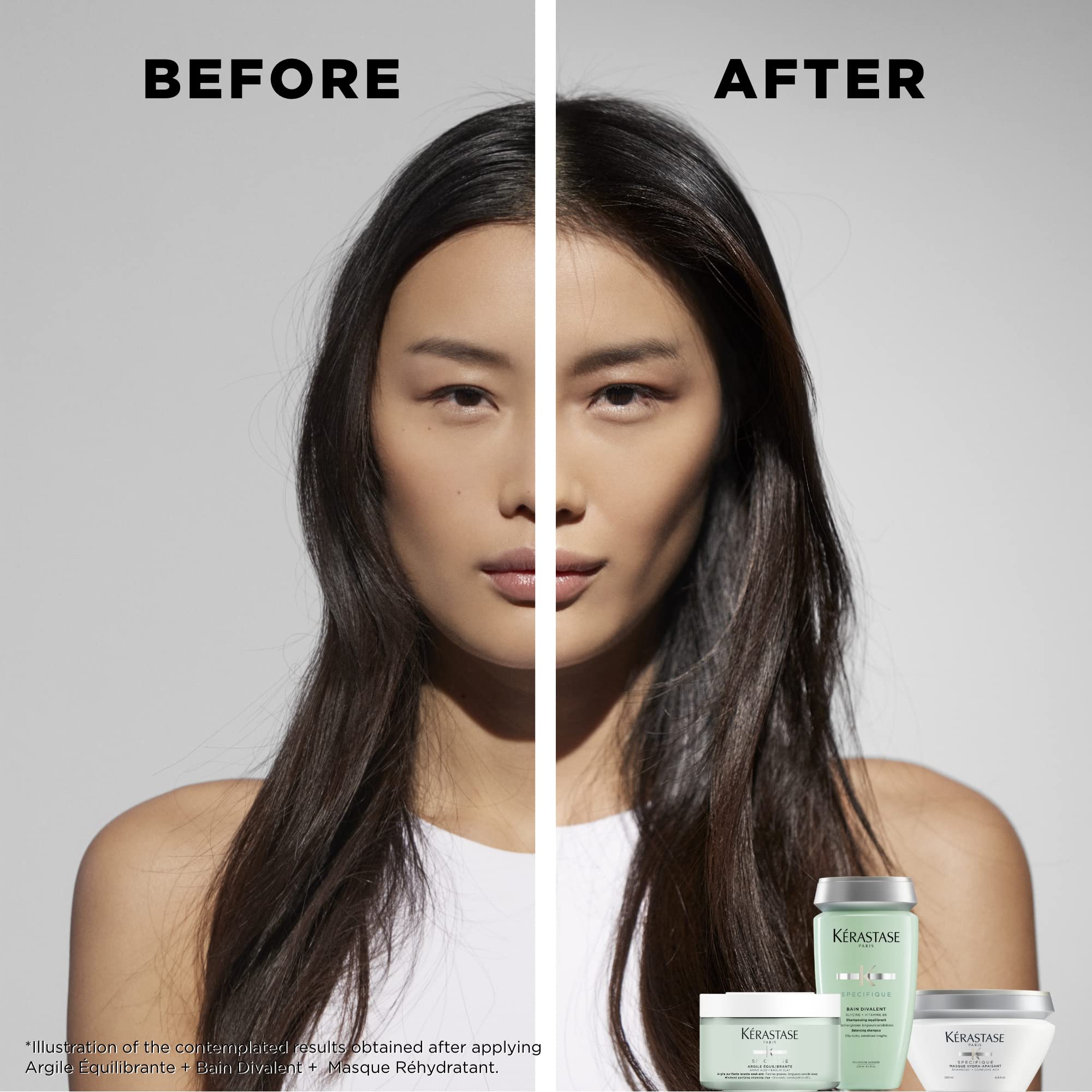 KÉRASTASE Specifique Rehydratant application steps illustrate massage and rinse routine.