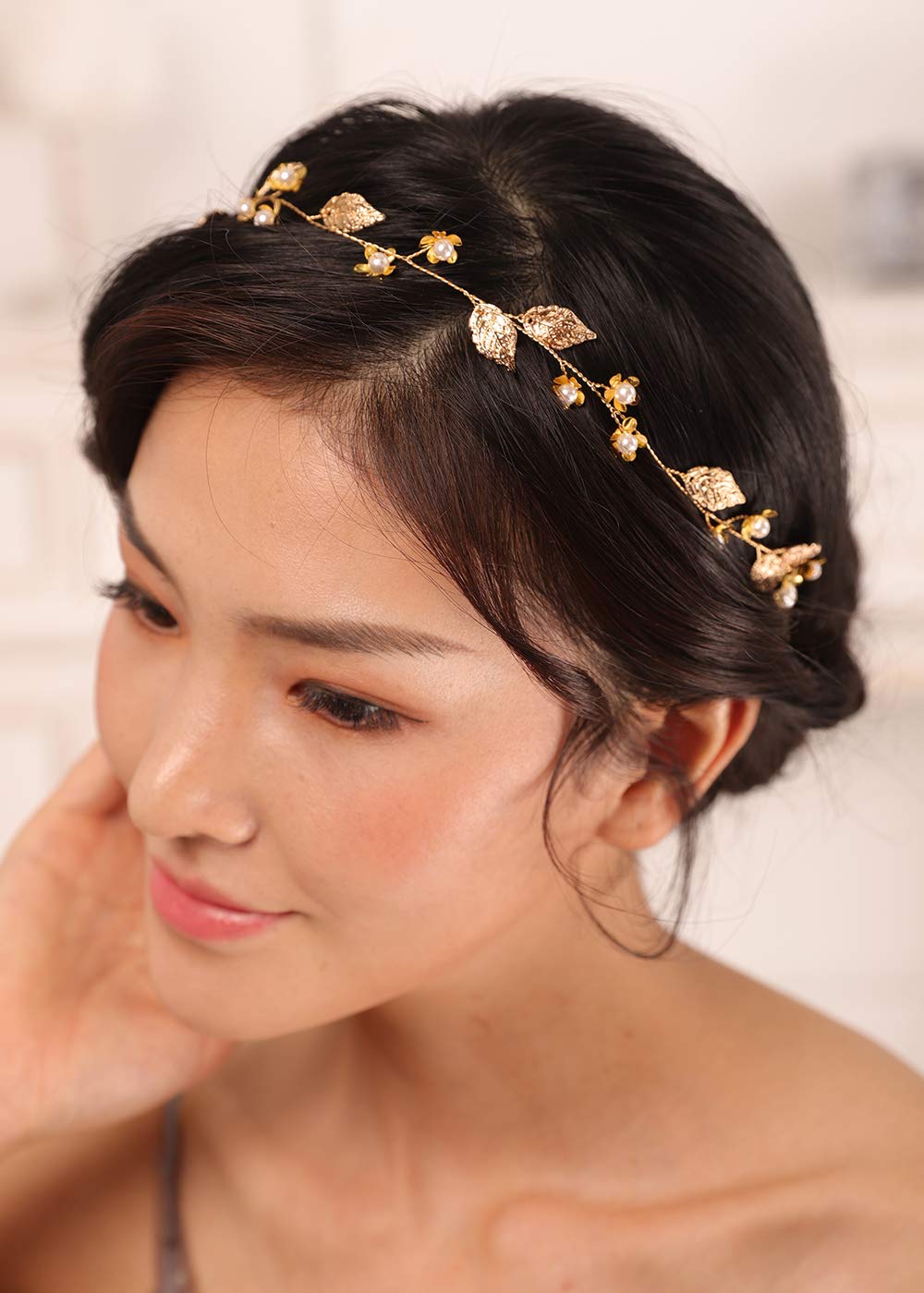 Kercisbeauty Gold Leaf Headband closeup crystals highlights shimmer.