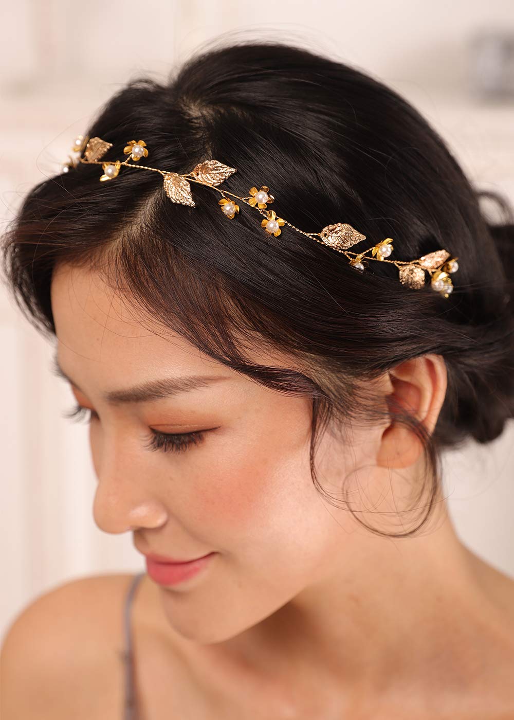 Kercisbeauty Gold Leaf Headband front view with crystal accents for bridal sparkle.