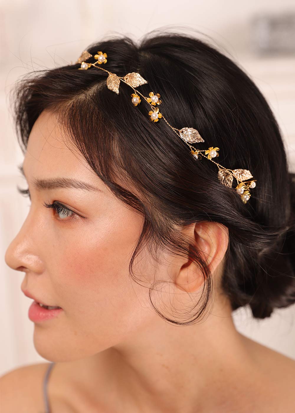 Kercisbeauty Gold Leaf Headband side view shows versatile styling options.