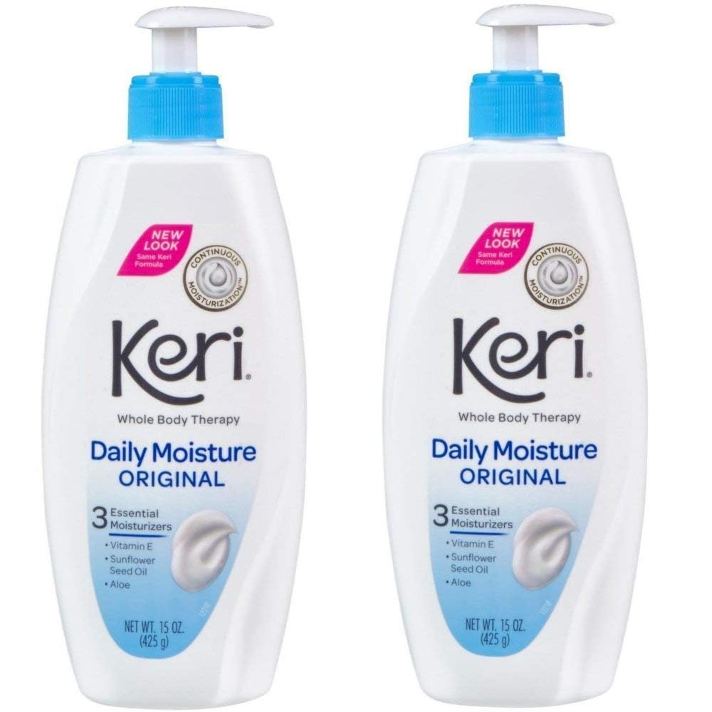 Two 15 oz bottles of Keri Original Moisture Therapy in packaging display