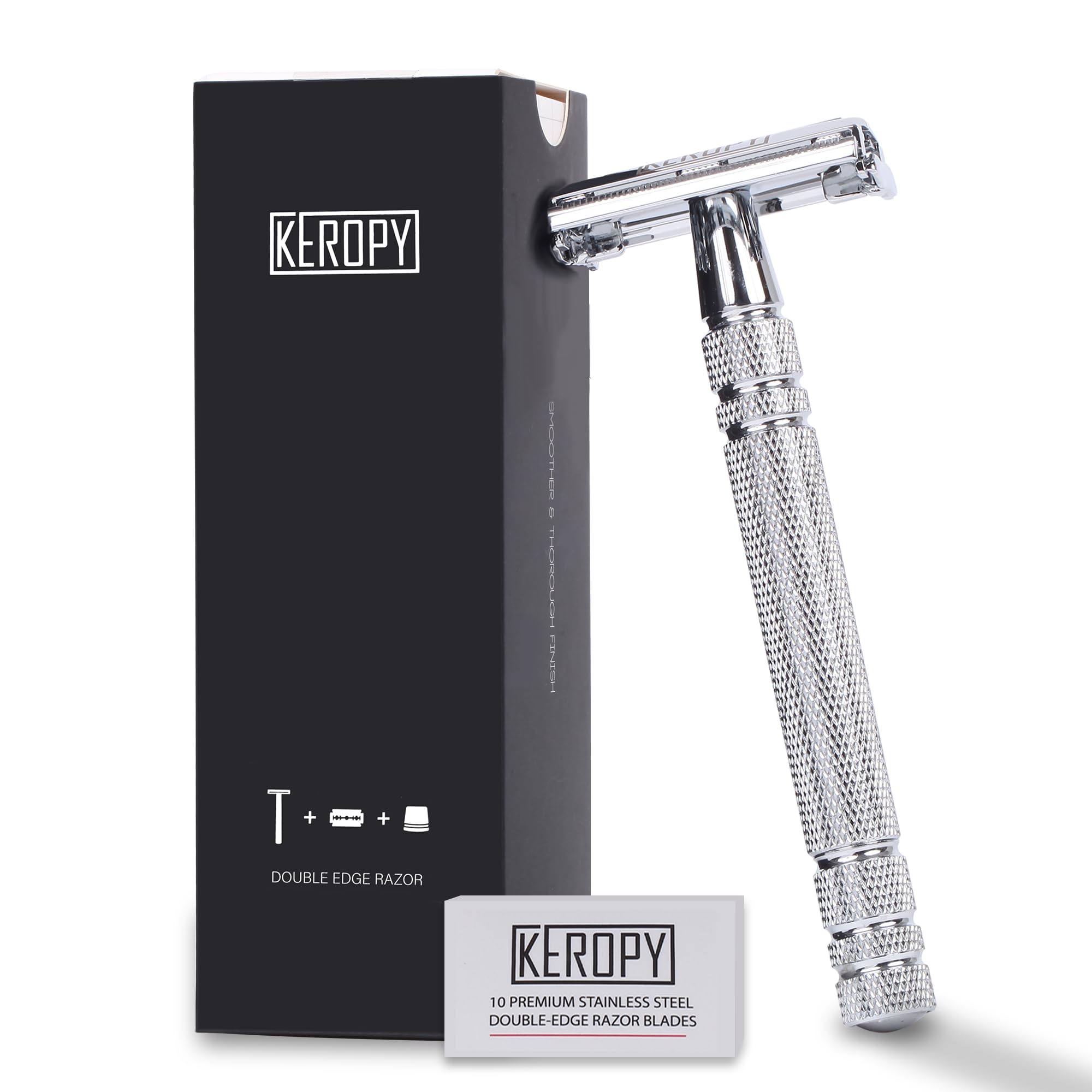Keropy men's safety razor box highlights stocking-stuffer packaging for holidays.