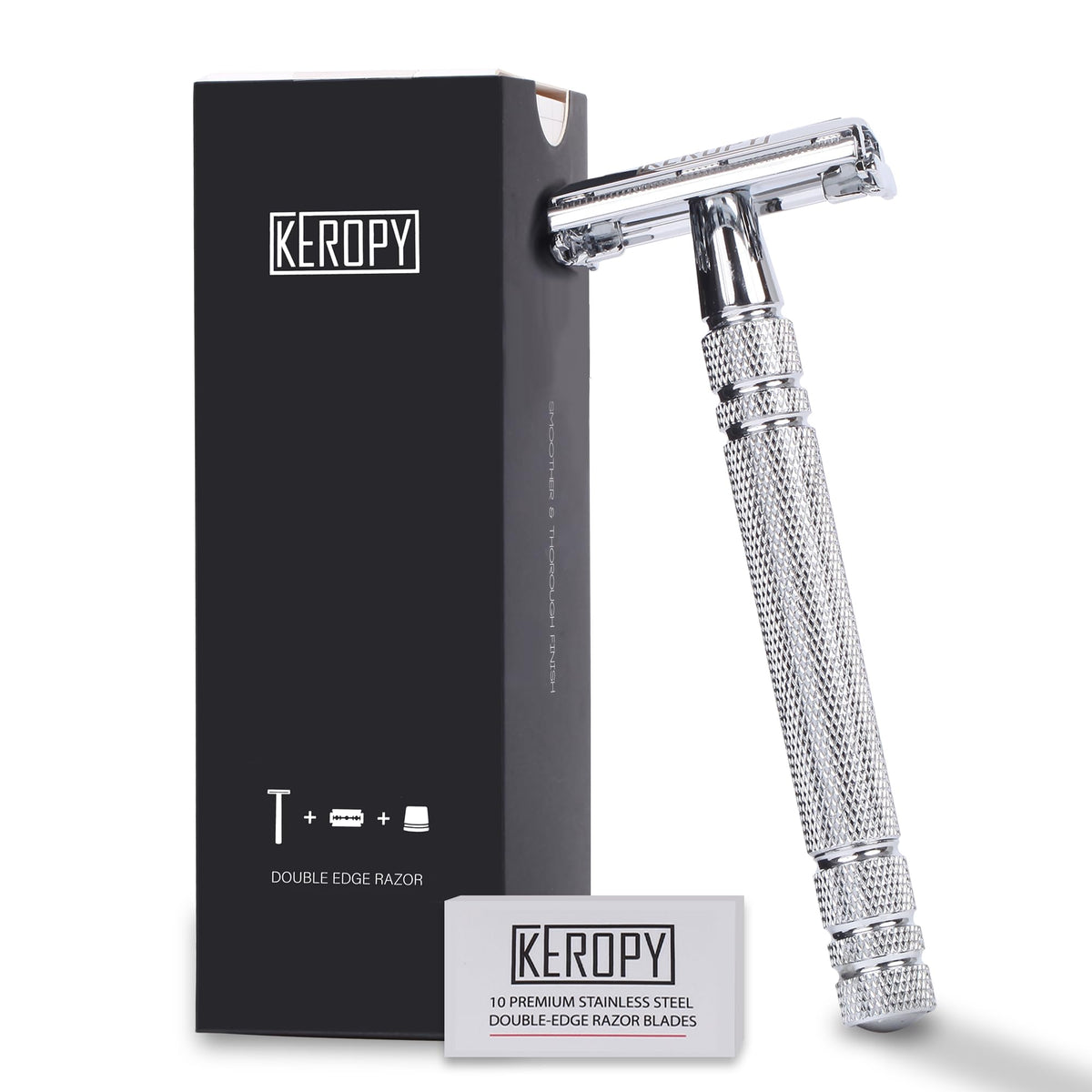 Keropy men's safety razor box highlights stocking-stuffer packaging for holidays.