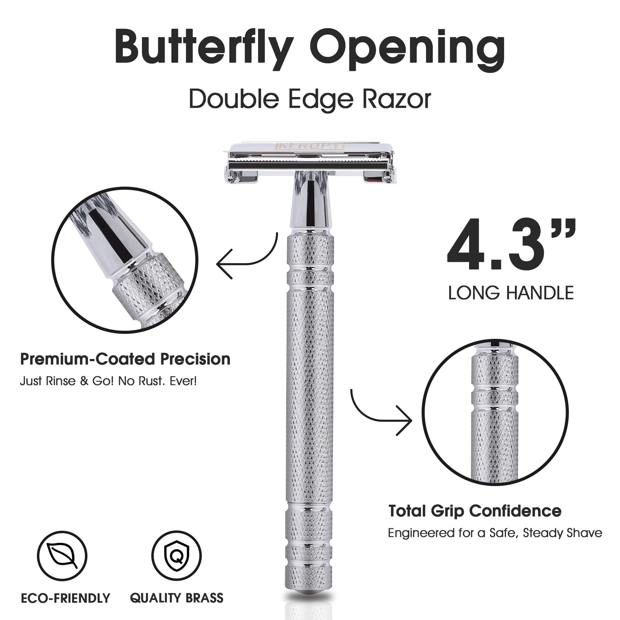 Keropy safety razor blade pack emphasizes long-lasting stainless blades.