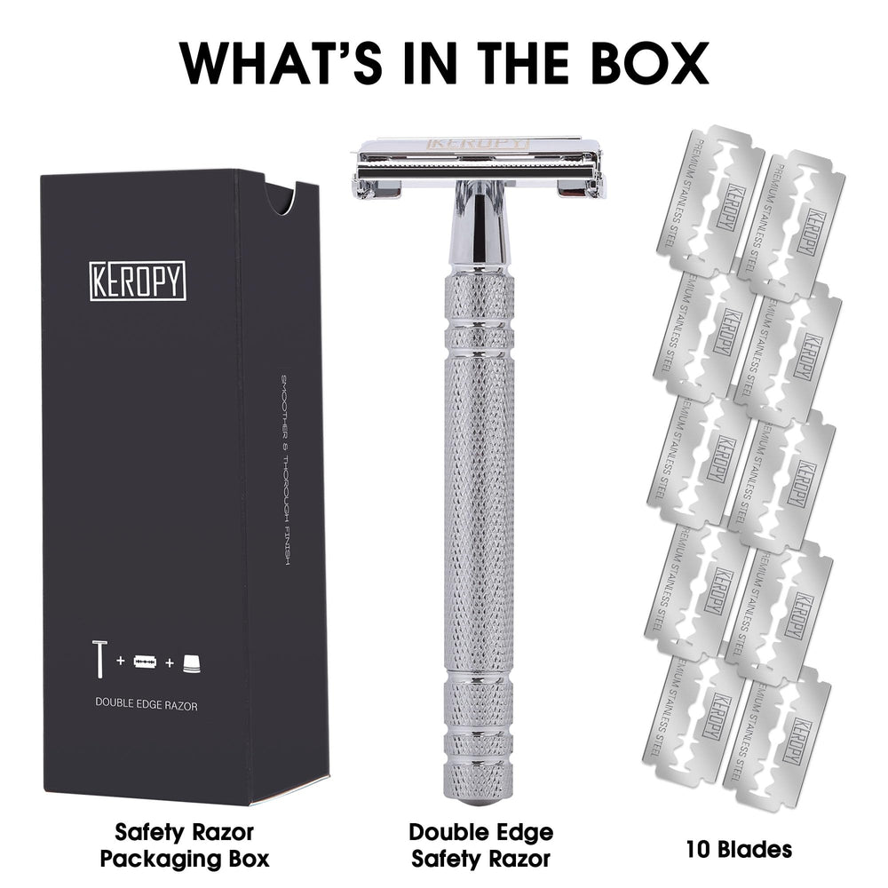 Keropy safety razor handle closeup shows durable metal and secure grip.