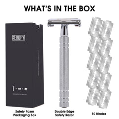 Keropy safety razor handle closeup shows durable metal and secure grip.