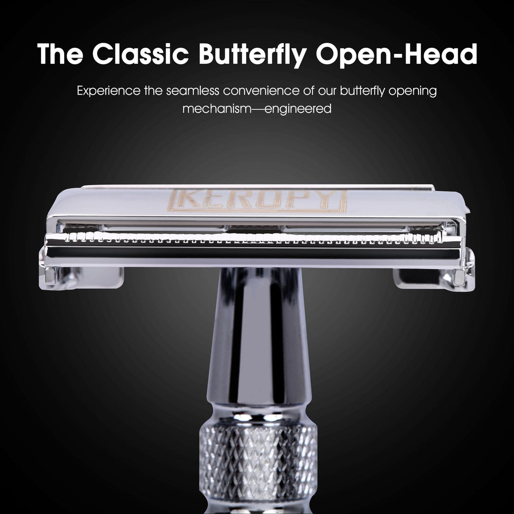 Keropy safety razor in use demonstrates close, irritation-free shaving.
