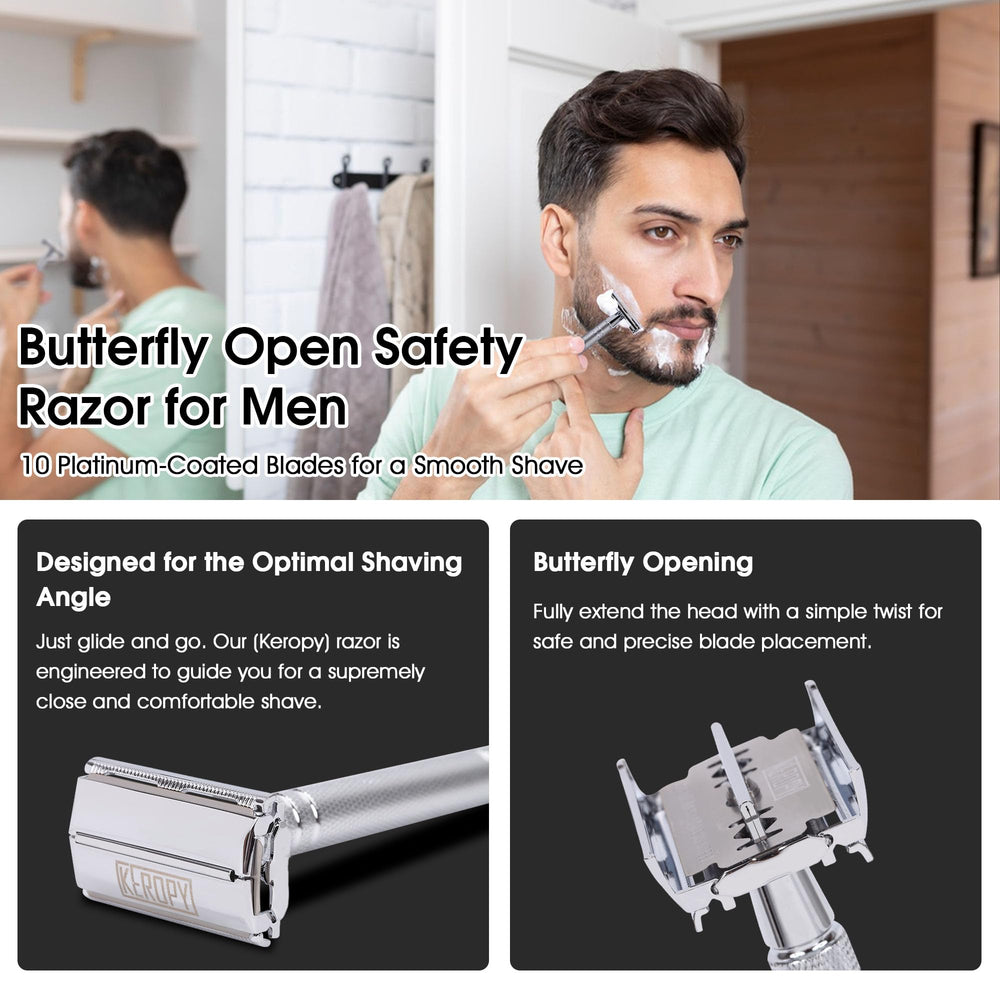 Keropy silver safety razor gift box promotes thoughtful holiday gifting.
