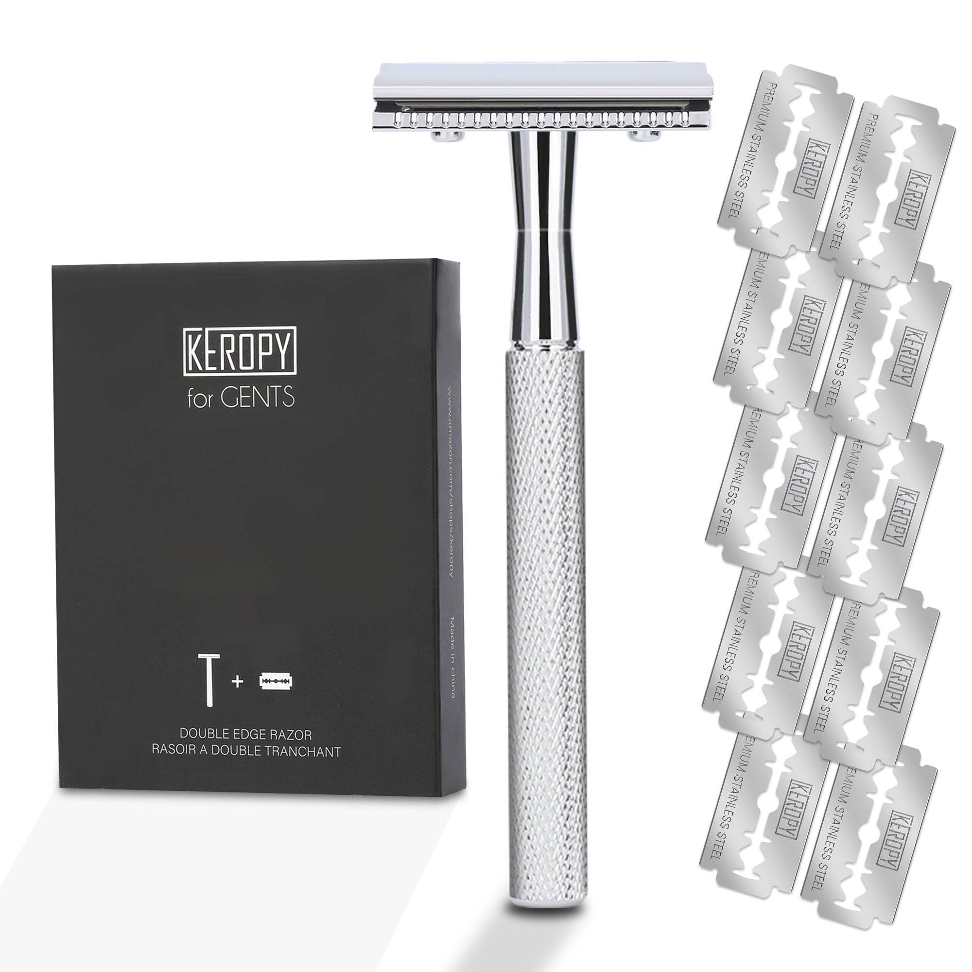 Keropy single blade safety razor with glossy-silver handle for a smooth glide