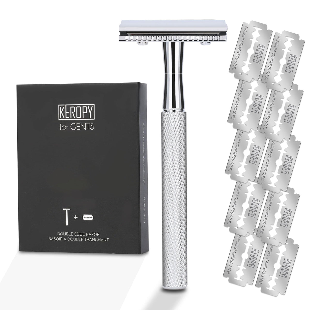 Keropy single blade safety razor with glossy-silver handle for a smooth glide
