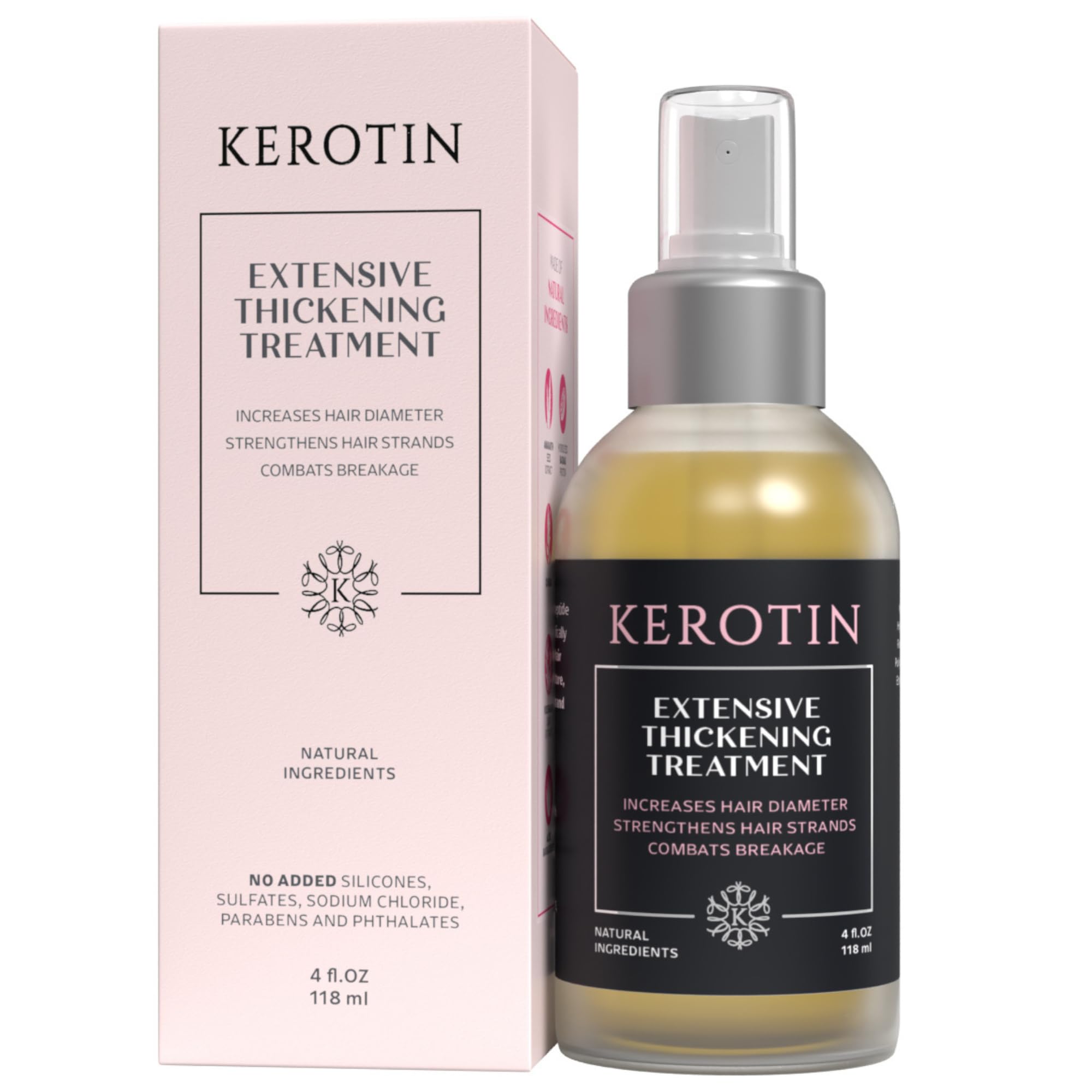 Kerotin hair thickening spray bottle boosts visible volume.