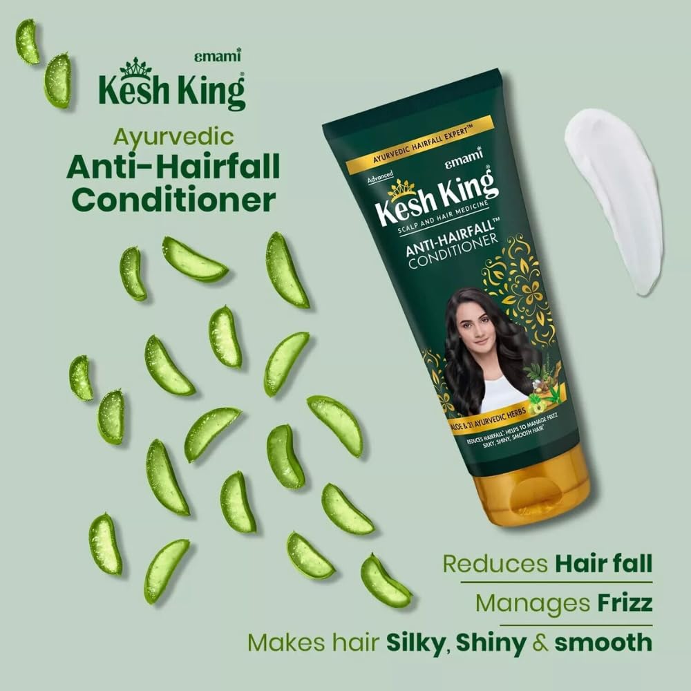 Kesh King conditioner label closeup highlighting 21 herbs for scalp nourishment.
