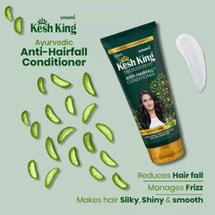 Kesh King conditioner label closeup highlighting 21 herbs for scalp nourishment.