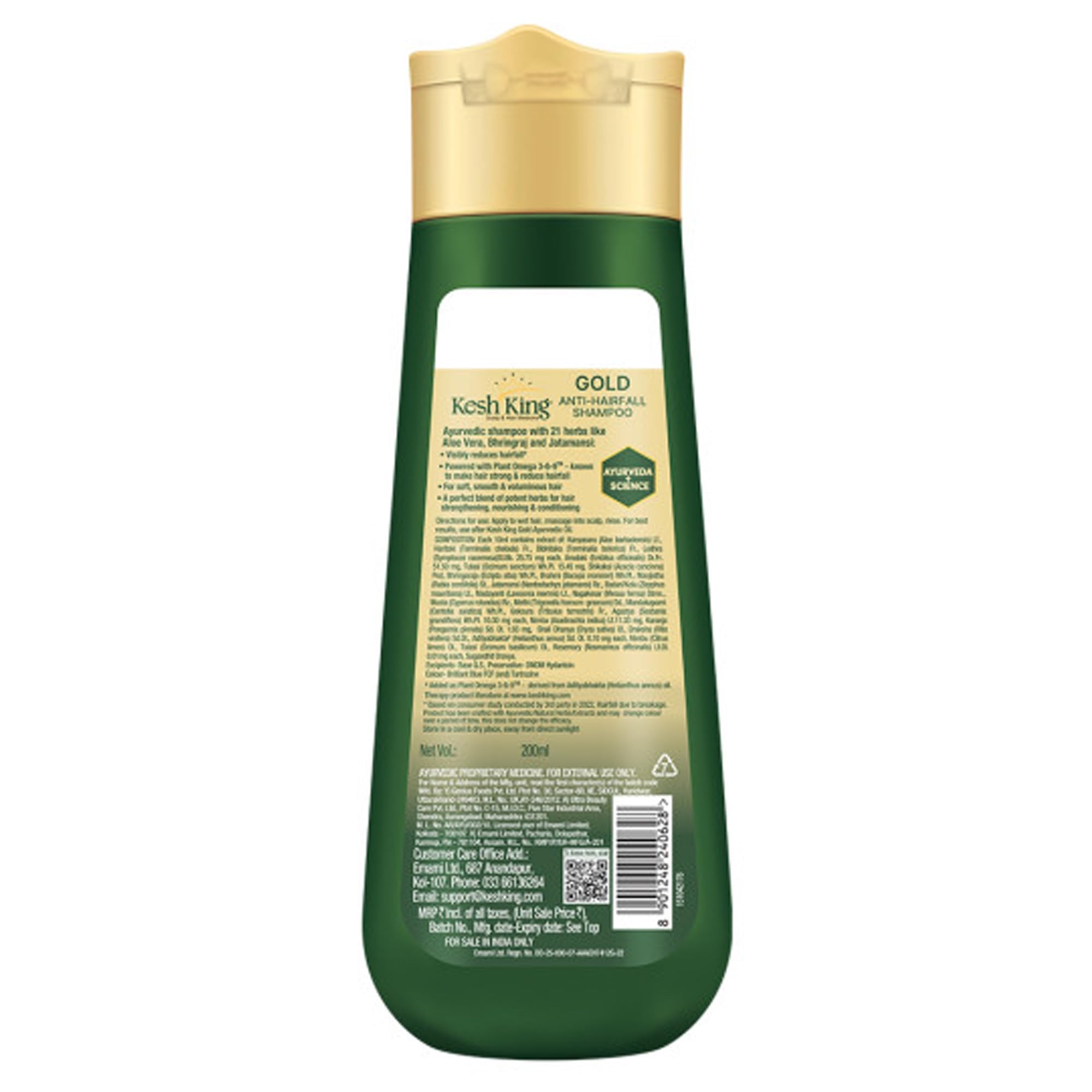 KESH KING anti-hairfall shampoo label close-up highlighting Ayurvedic ingredients.