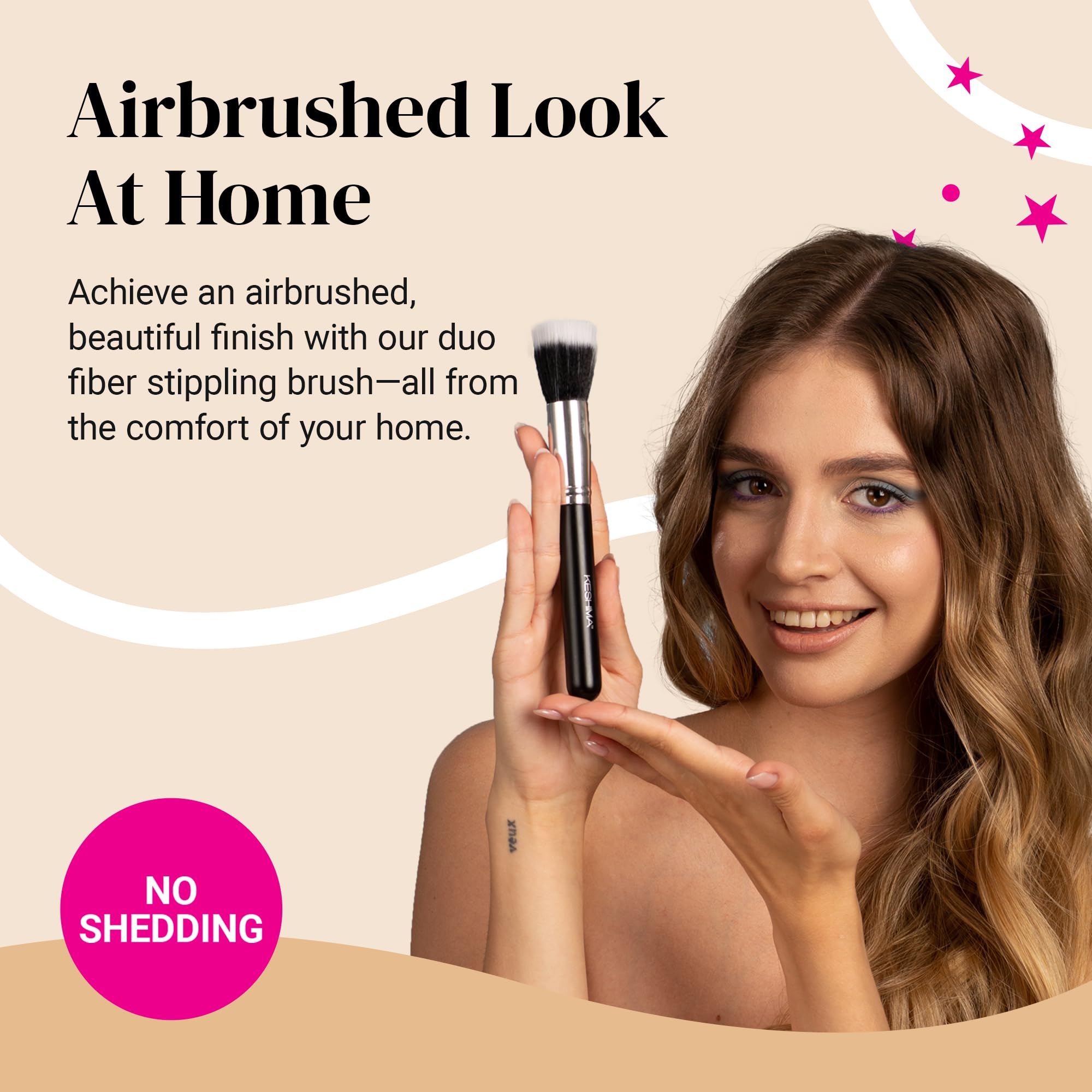 KESHIMA Duo-Fiber Stippling Brush demonstrates even foundation application and streak-free results.