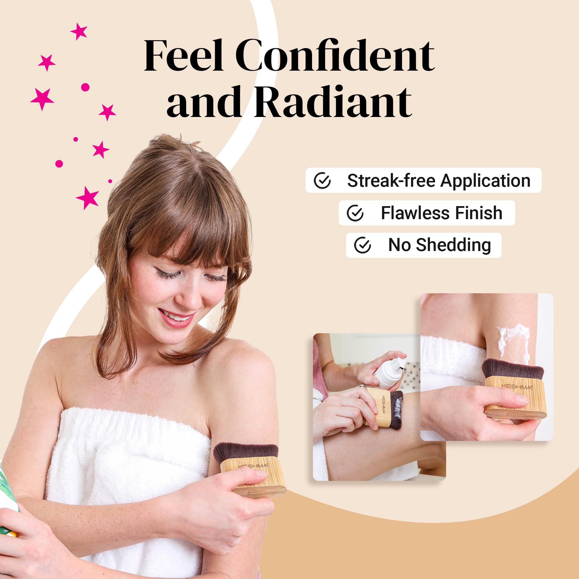 Keshima self-tanner brush on a wood handle enables easy, controlled application
