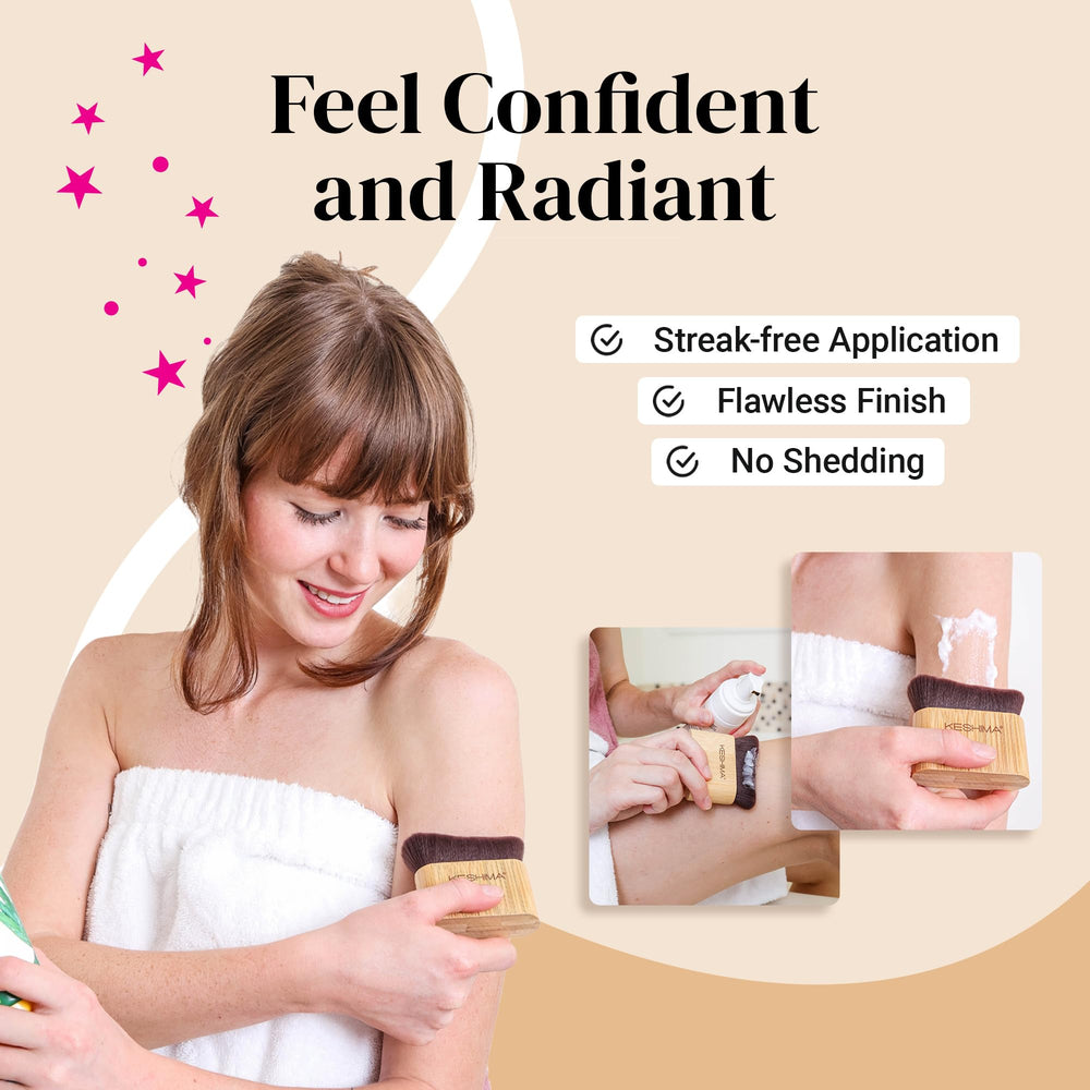 Keshima self-tanner brush on a wood handle enables easy, controlled application