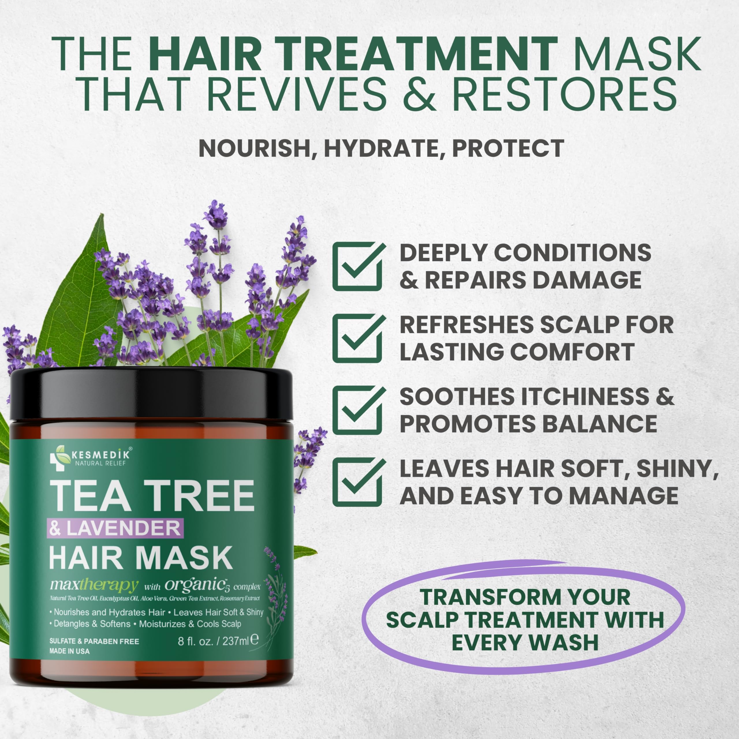 KESMEDIK Tea Tree Hair Mask applied to hair offers targeted conditioning and smoother strands