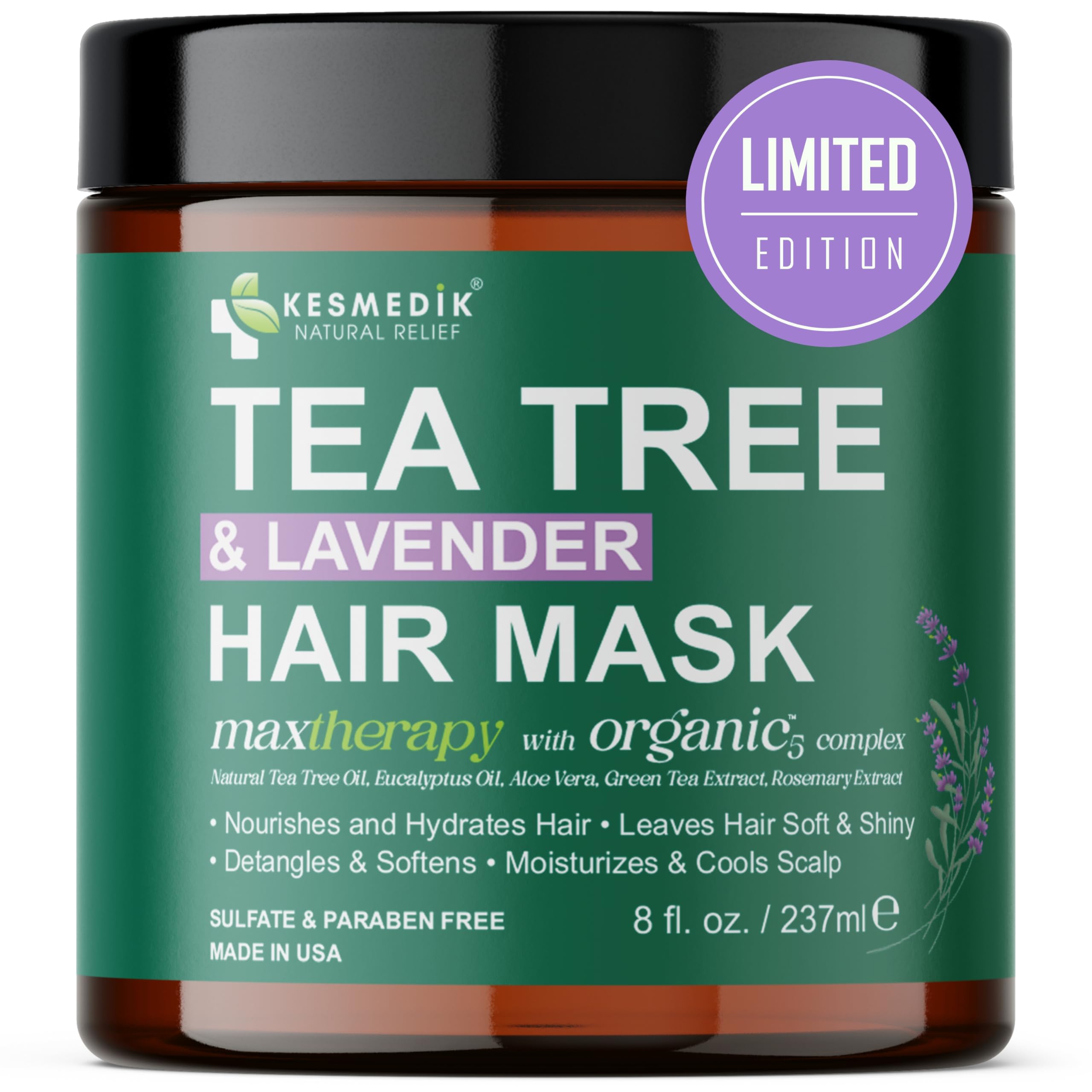 KESMEDIK Pure Tea Tree Oil Hair Mask bottle provides soothing hydration for dry, damaged hair