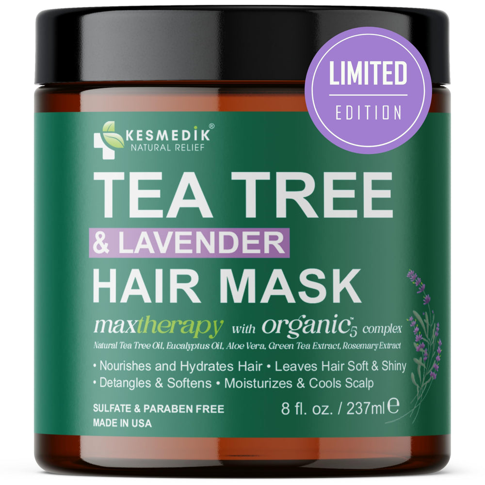 KESMEDIK Pure Tea Tree Oil Hair Mask bottle provides soothing hydration for dry, damaged hair
