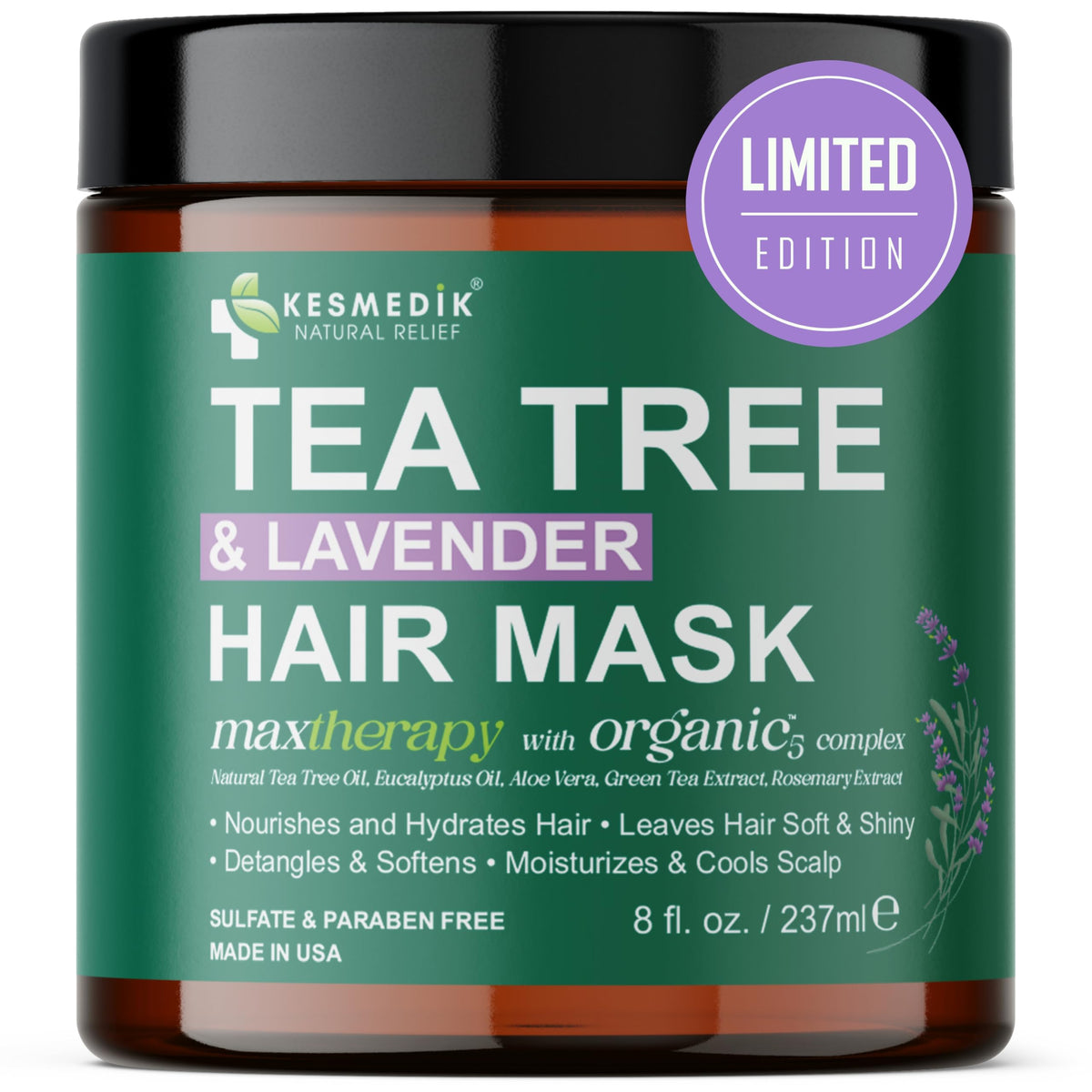 KESMEDIK Pure Tea Tree Oil Hair Mask bottle provides soothing hydration for dry, damaged hair