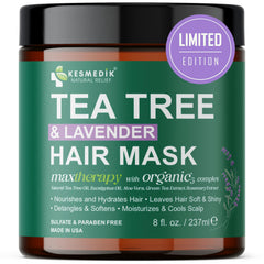 KESMEDIK Pure Tea Tree Oil Hair Mask bottle provides soothing hydration for dry, damaged hair