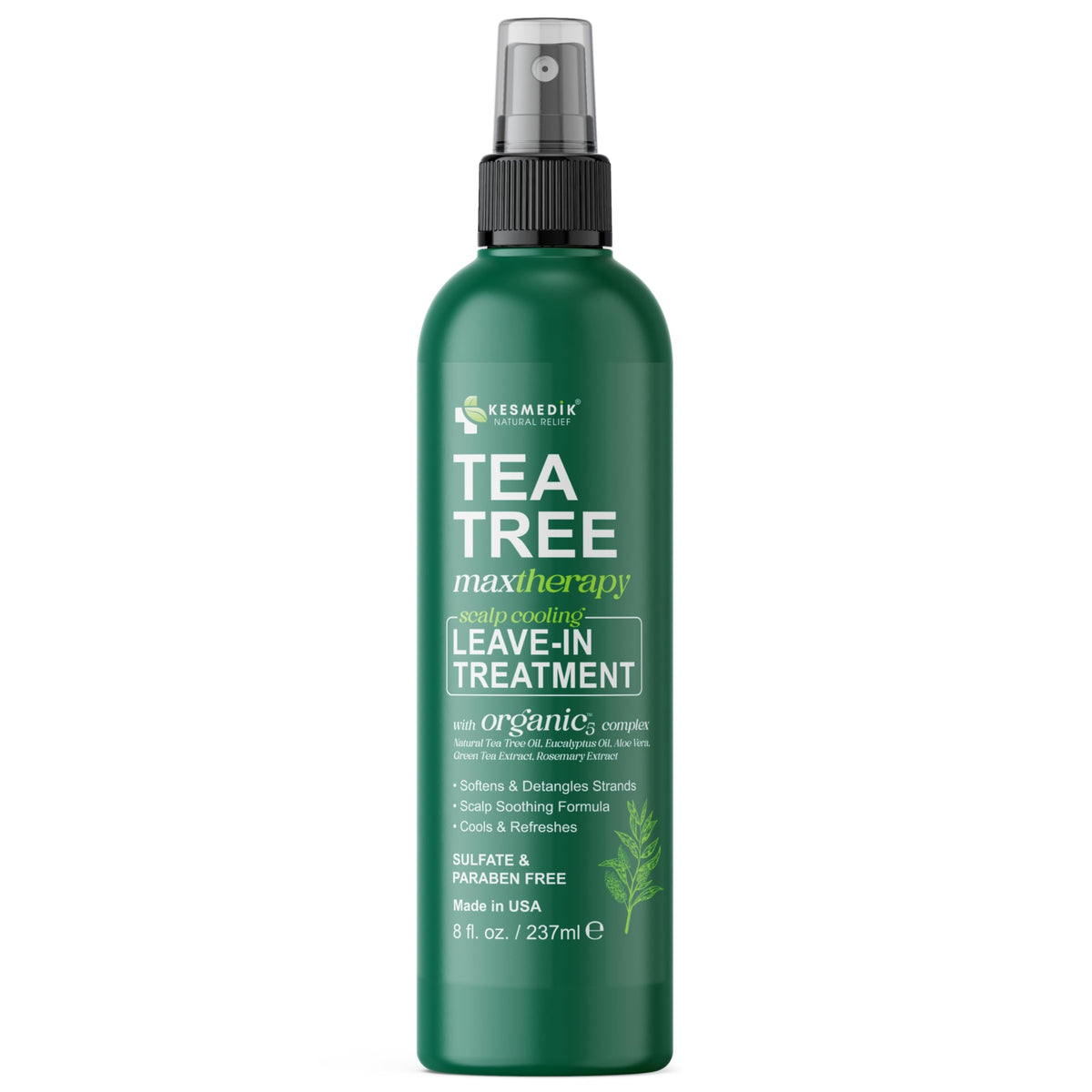 KESMEDIK Pure Tea Tree Oil leave-in conditioner bottle demonstrates detangling and frizz control.