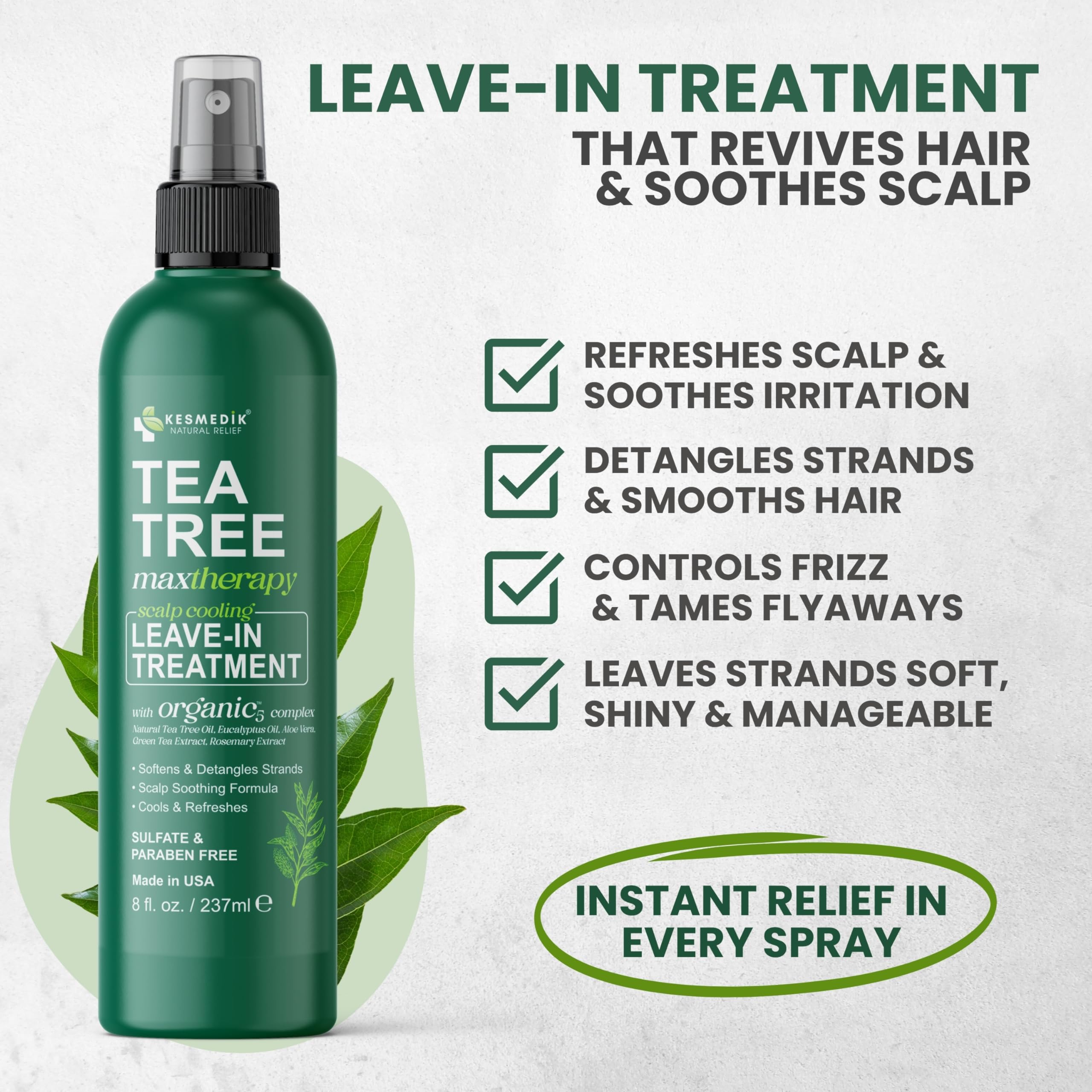 KESMEDIK Leave-In Conditioner spray application highlights easy detangling and smoother styling.