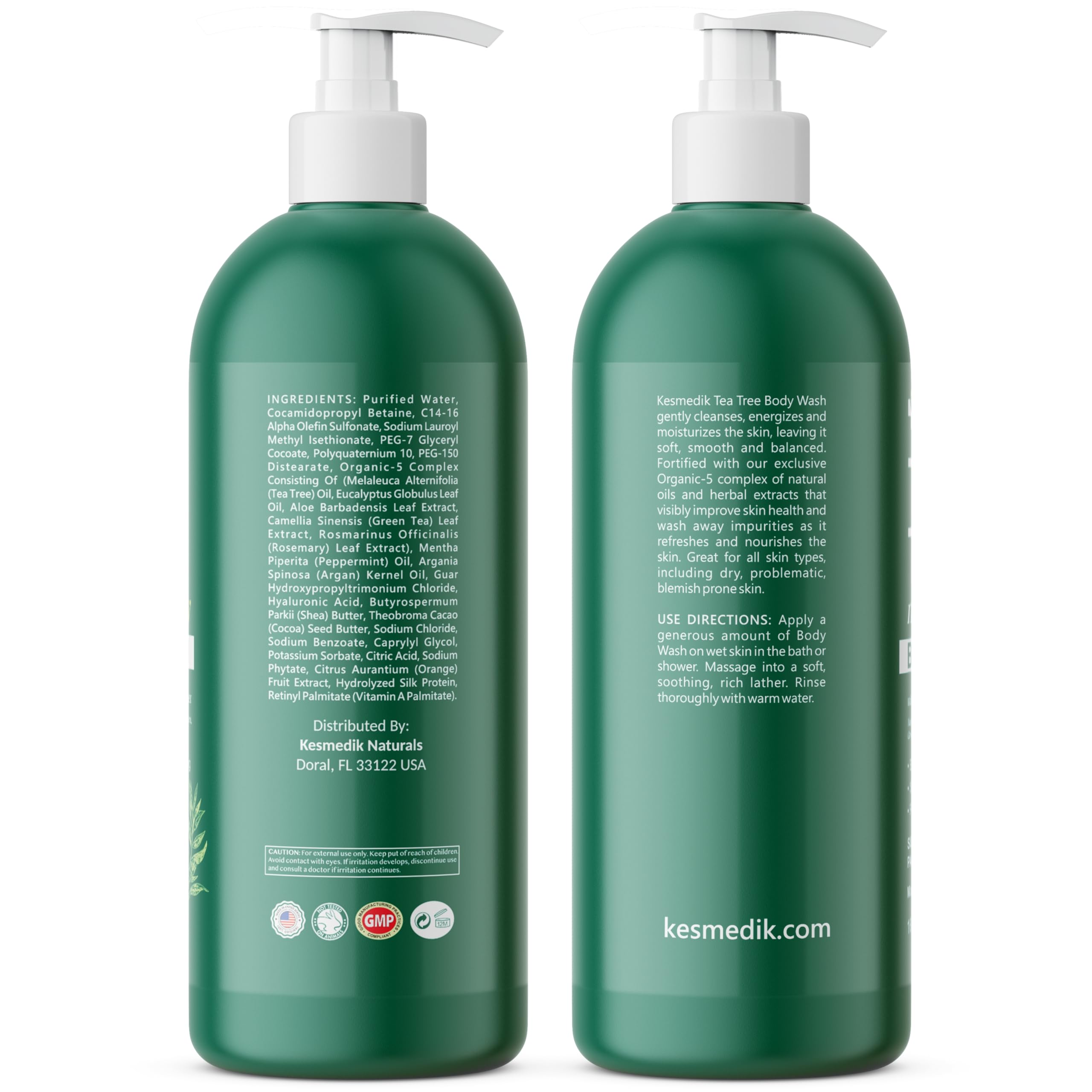 KESMEDIK Tea Tree Body Wash USA-made claim on bottle label