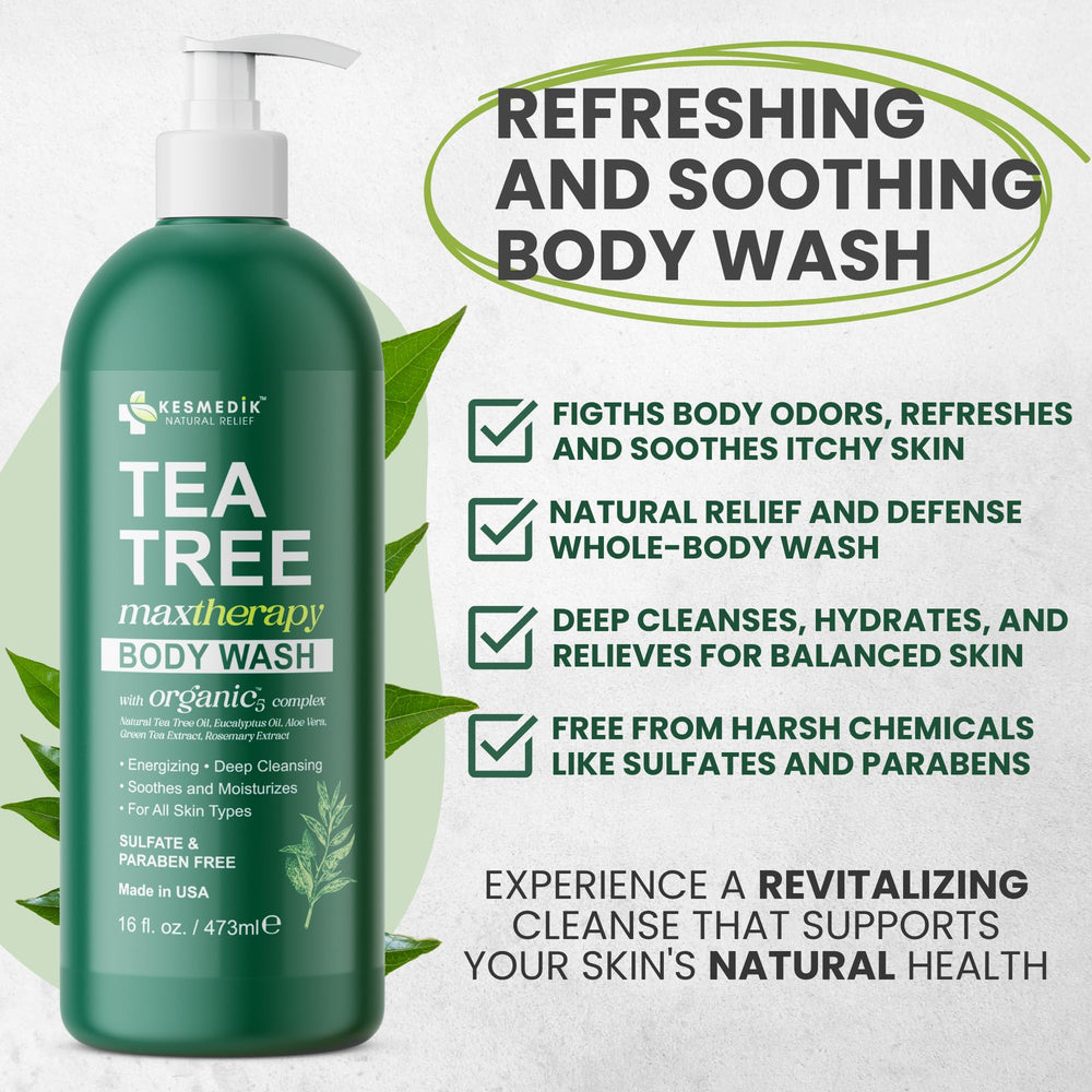 KESMEDIK Tea Tree Body Wash MaxTherapy label closeup with organic ingredients