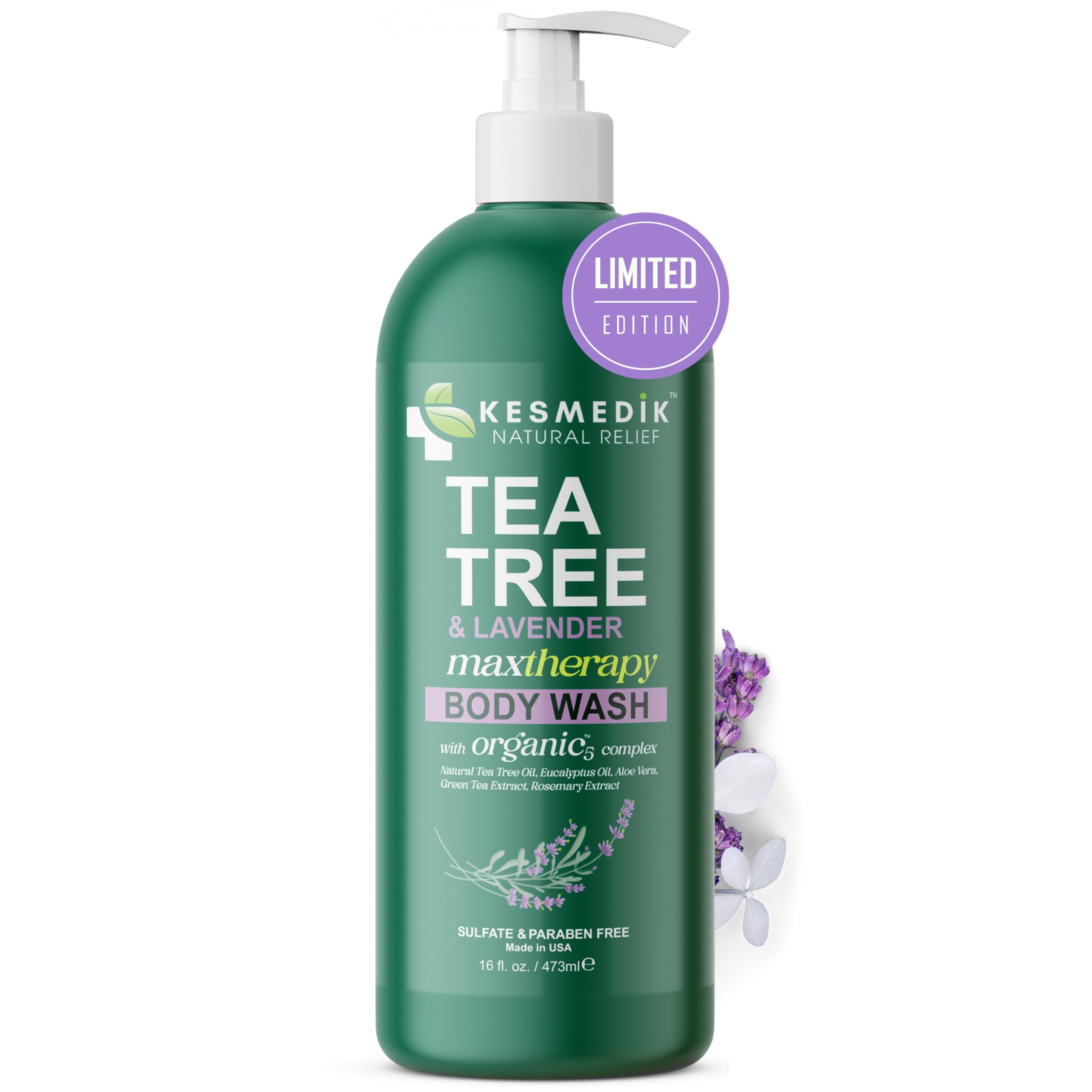 KESMEDIK Tea Tree Lavender Body Wash bottle with herbal aroma for refreshed skin