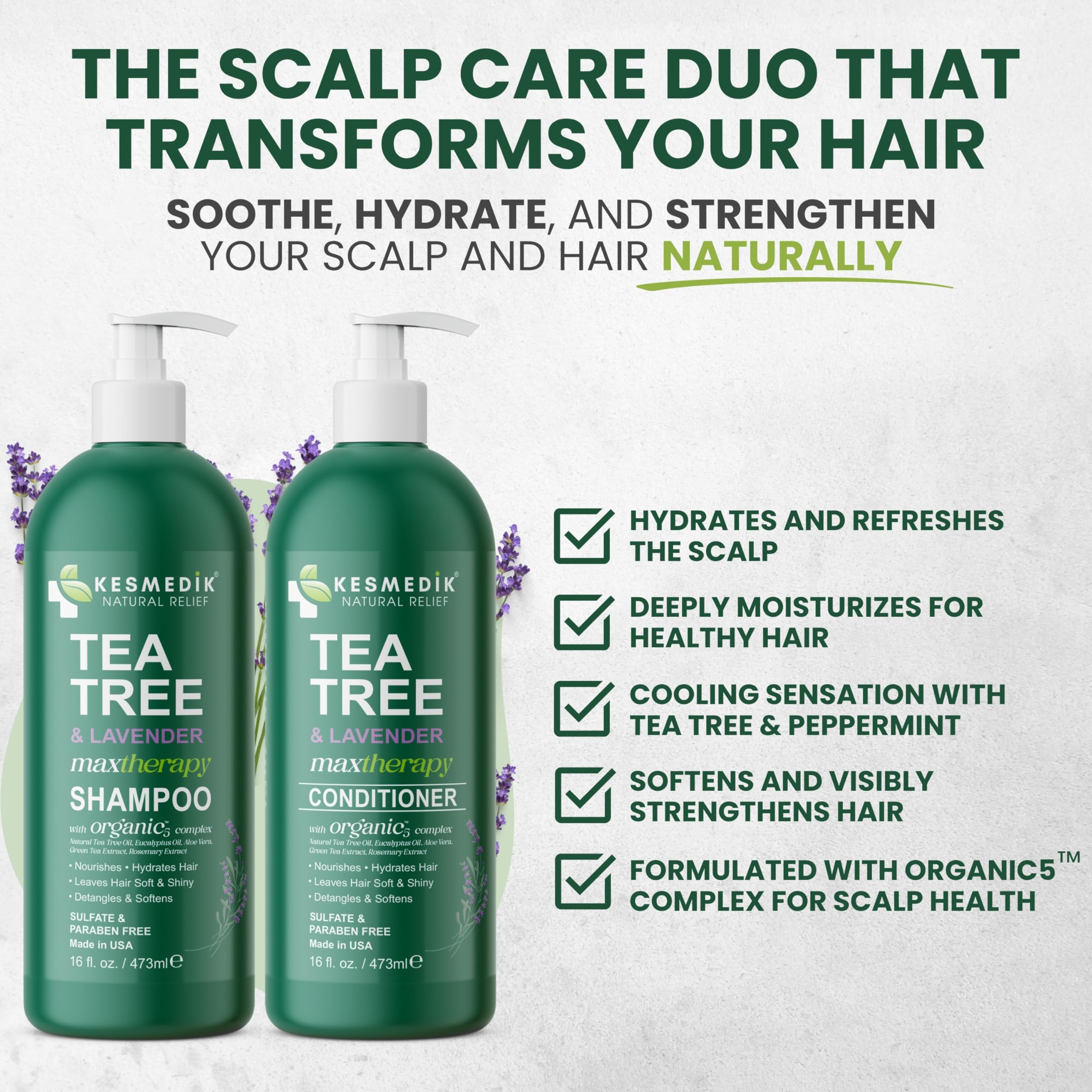 KESMEDIK Tea Tree Lavender Conditioner bottle provides smooth detangling and scalp comfort