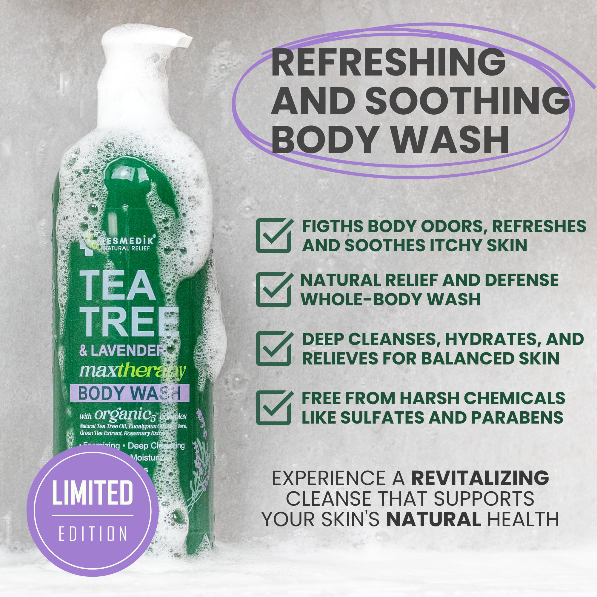 KESMEDIK Tea Tree Lavender lather close-up showcases moisturizing oils from argan coconut