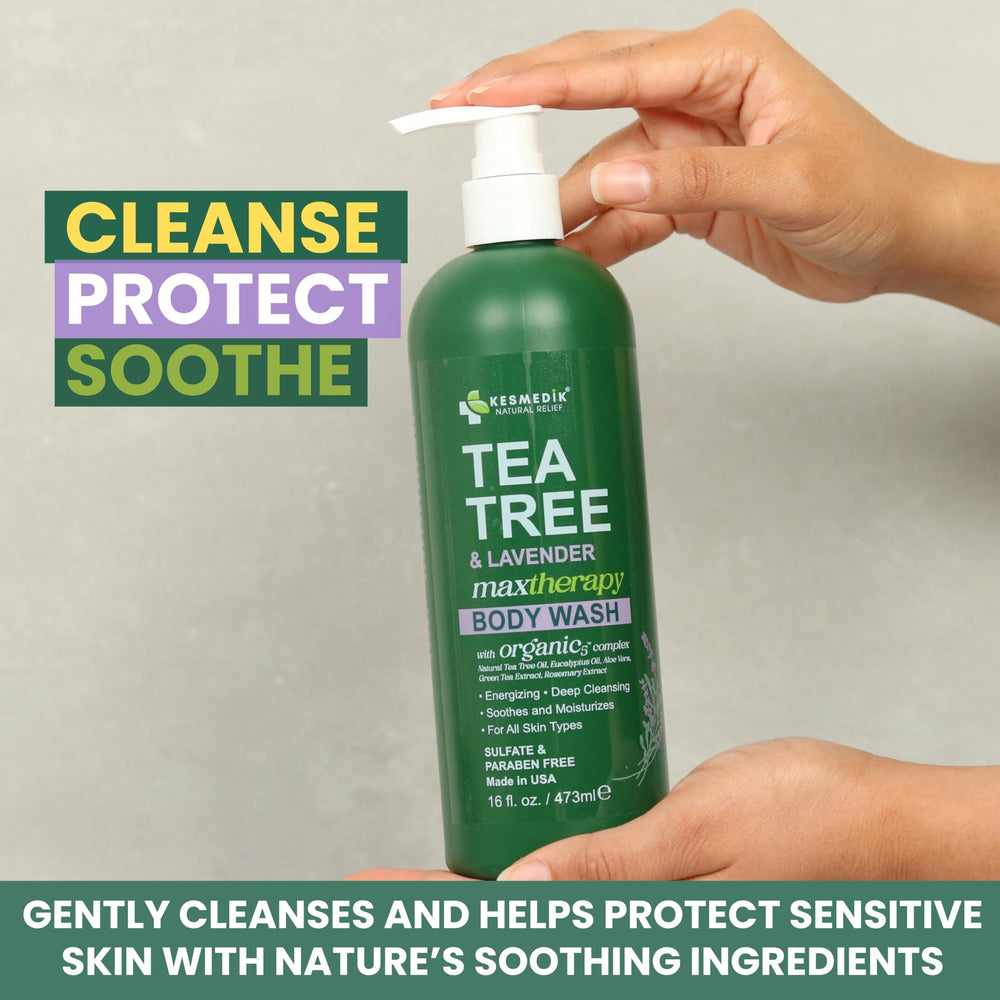 KESMEDIK Tea Tree Lavender Body Wash pump top pour highlighting daily cleansing ritual