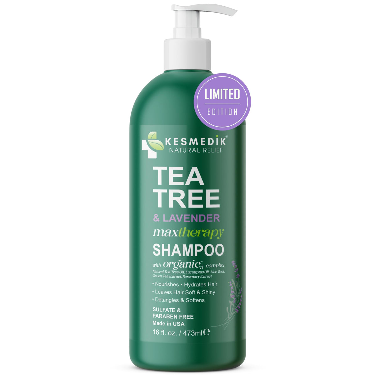 KESMEDIK Tea Tree Lavender Shampoo bottle shows a clarifying cleanse for all hair types