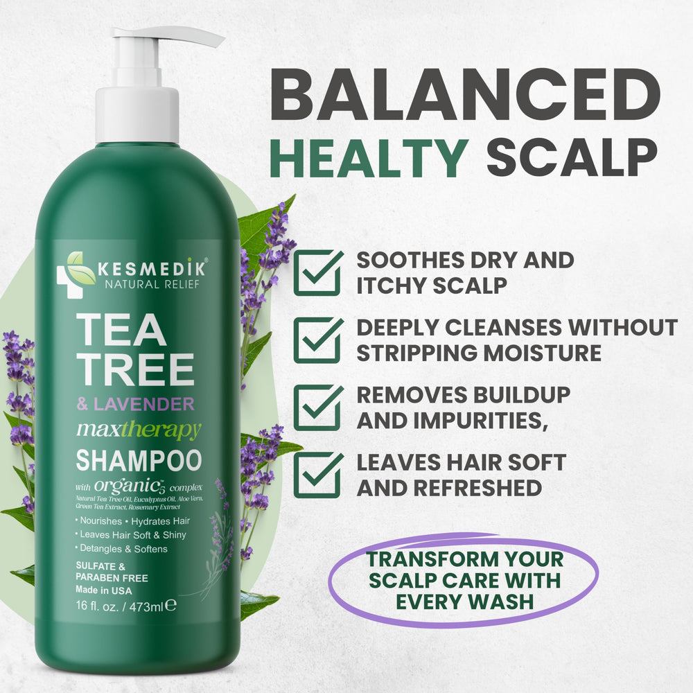 KESMEDIK Tea Tree Lavender Shampoo pour illustrates a calming wash for itchy scalp