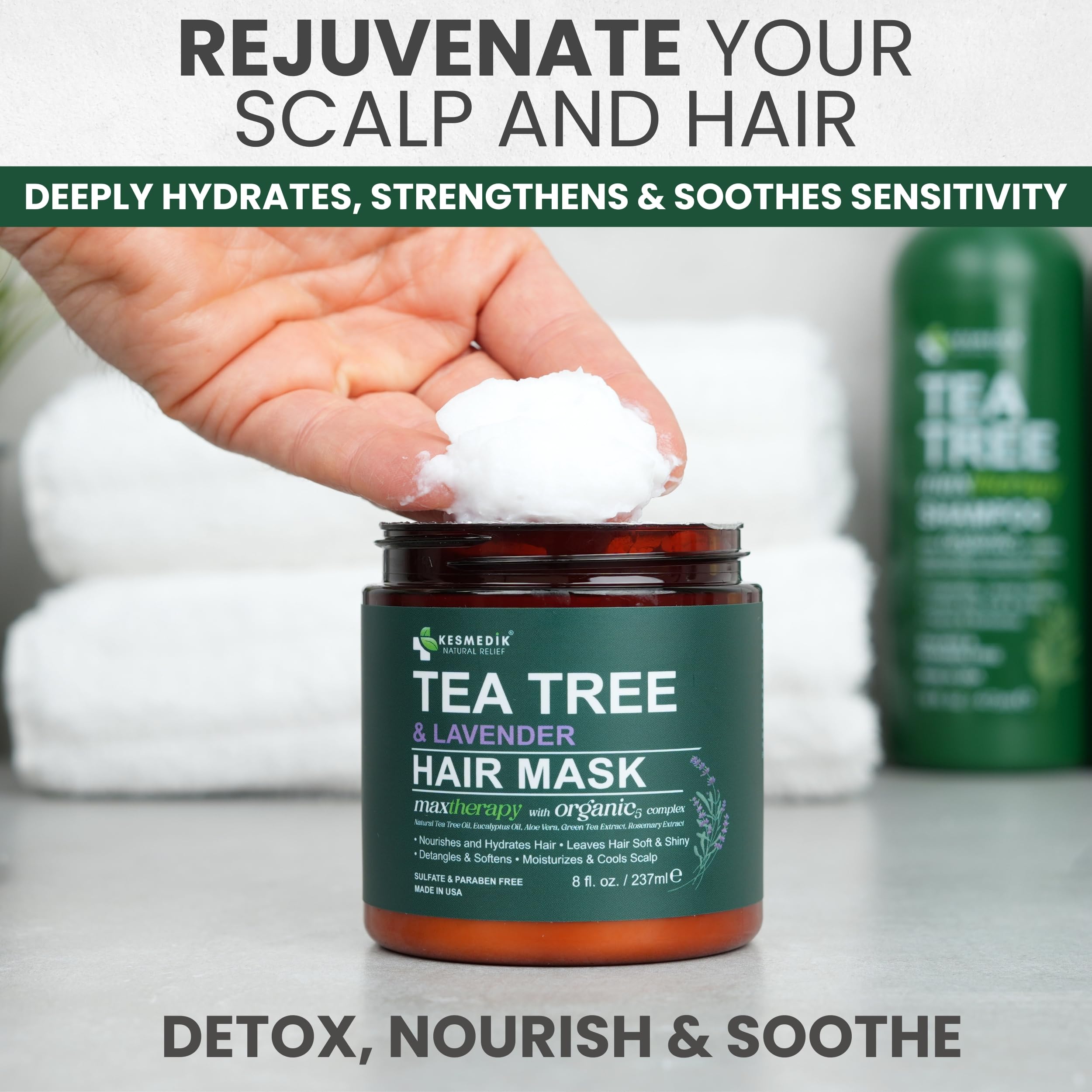 KESMEDIK blend of tea tree oil and lavender offers refreshing scent and scalp care