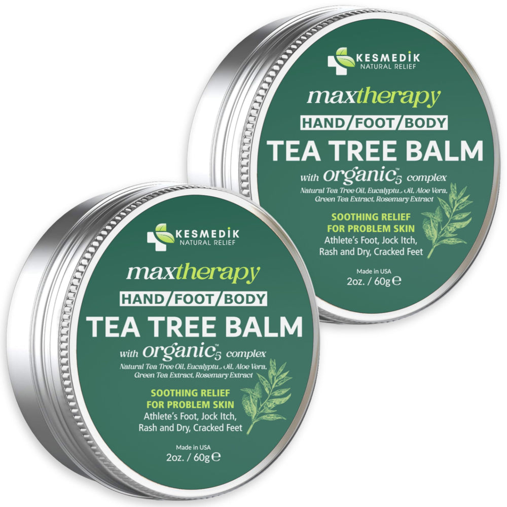KESMEDIK Tea Tree Oil MaxTherapy Balm two-pack packshot for versatile skin relief.