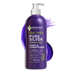 KESMEDIK Tea Tree Purple Conditioner bottle pour demonstrates color-safe hydration.