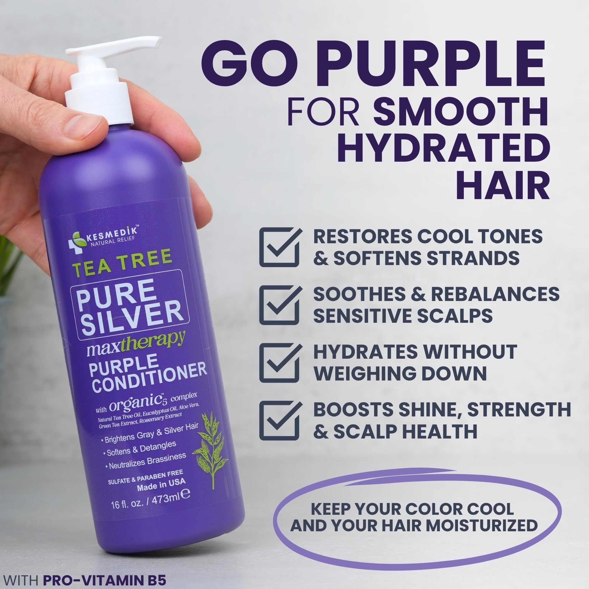 KESMEDIK Tea Tree Purple Conditioner application shows toning for blonde or silver tones.